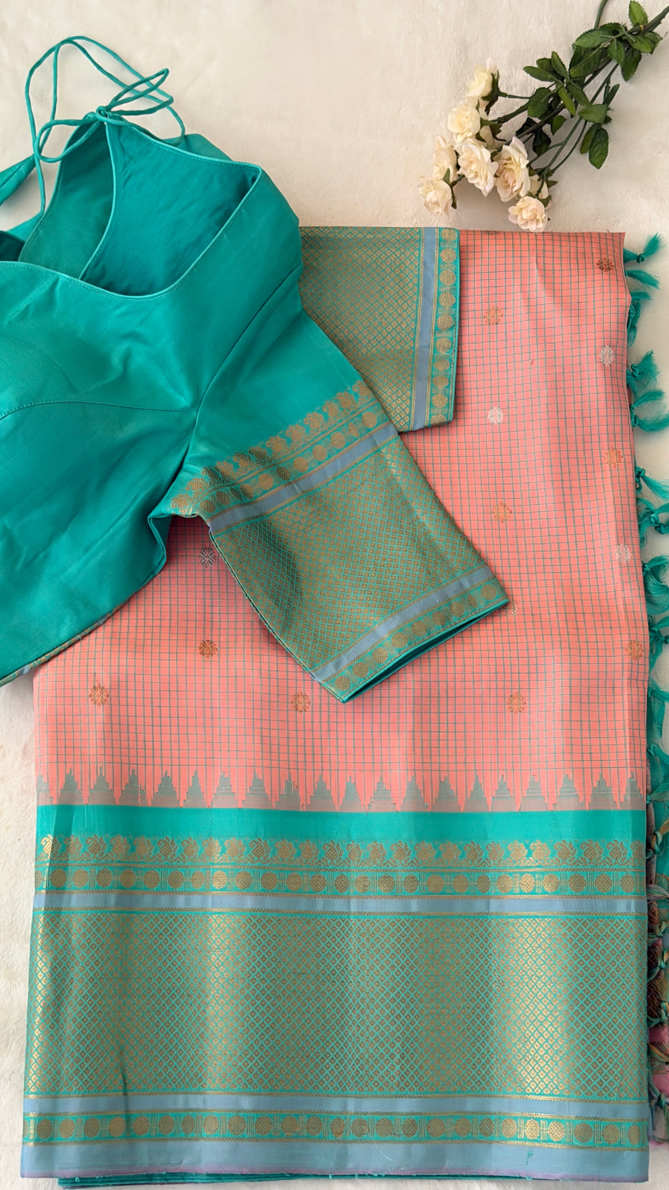 Pink & Aqua Blue Gadwal Silk Saree