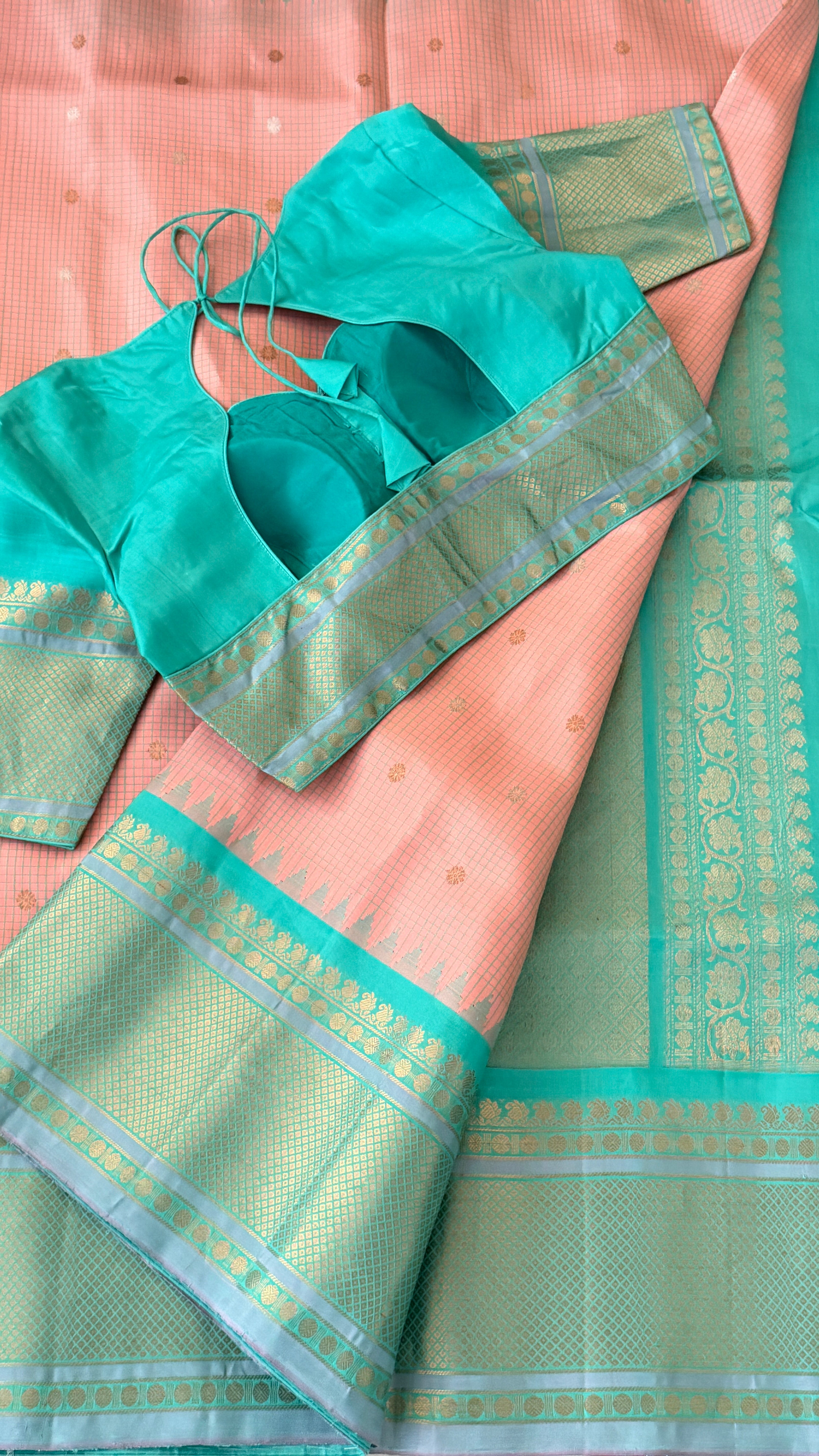 Pink & Aqua Blue Gadwal Silk Saree