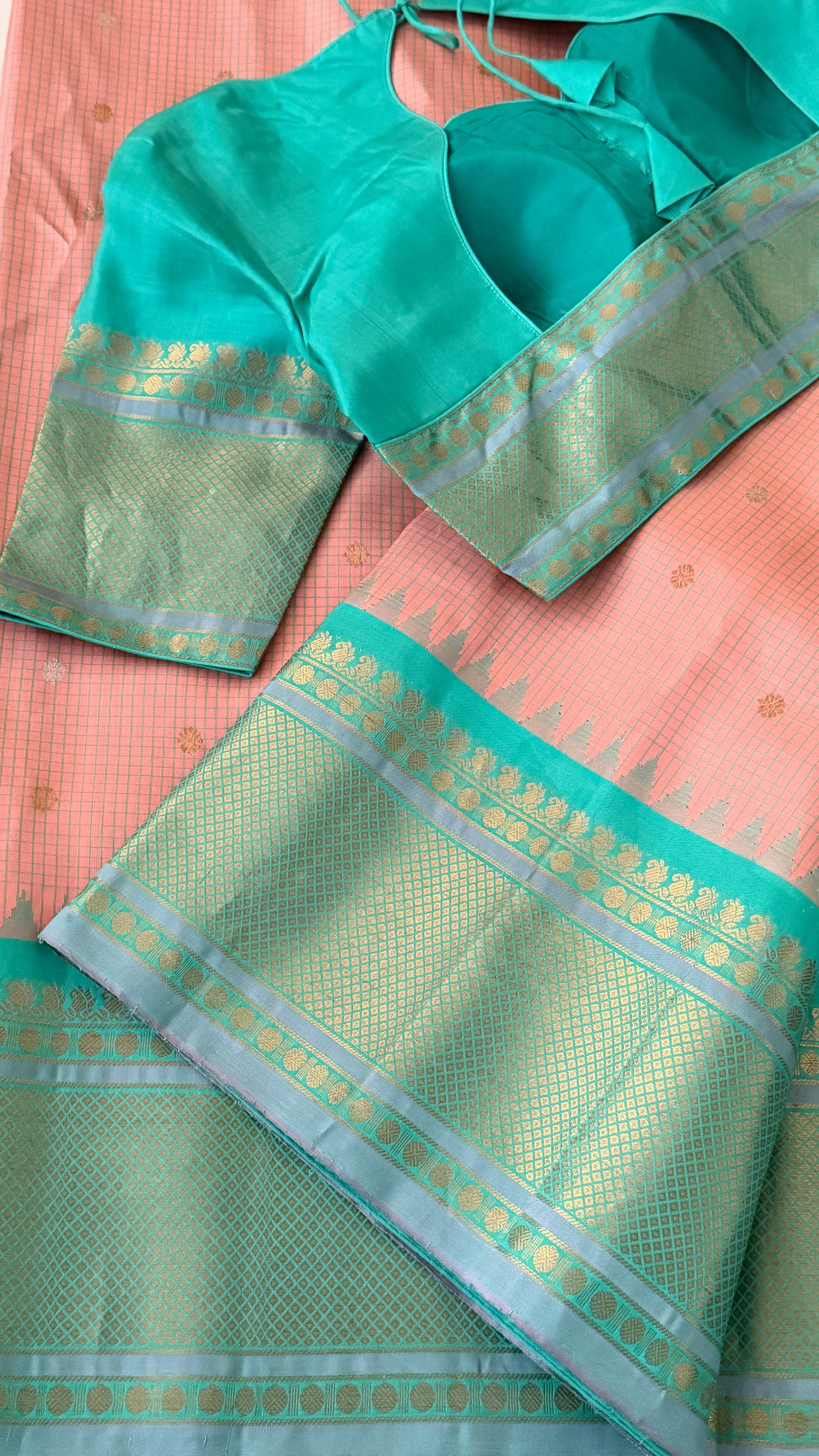 Pink & Aqua Blue Gadwal Silk Saree