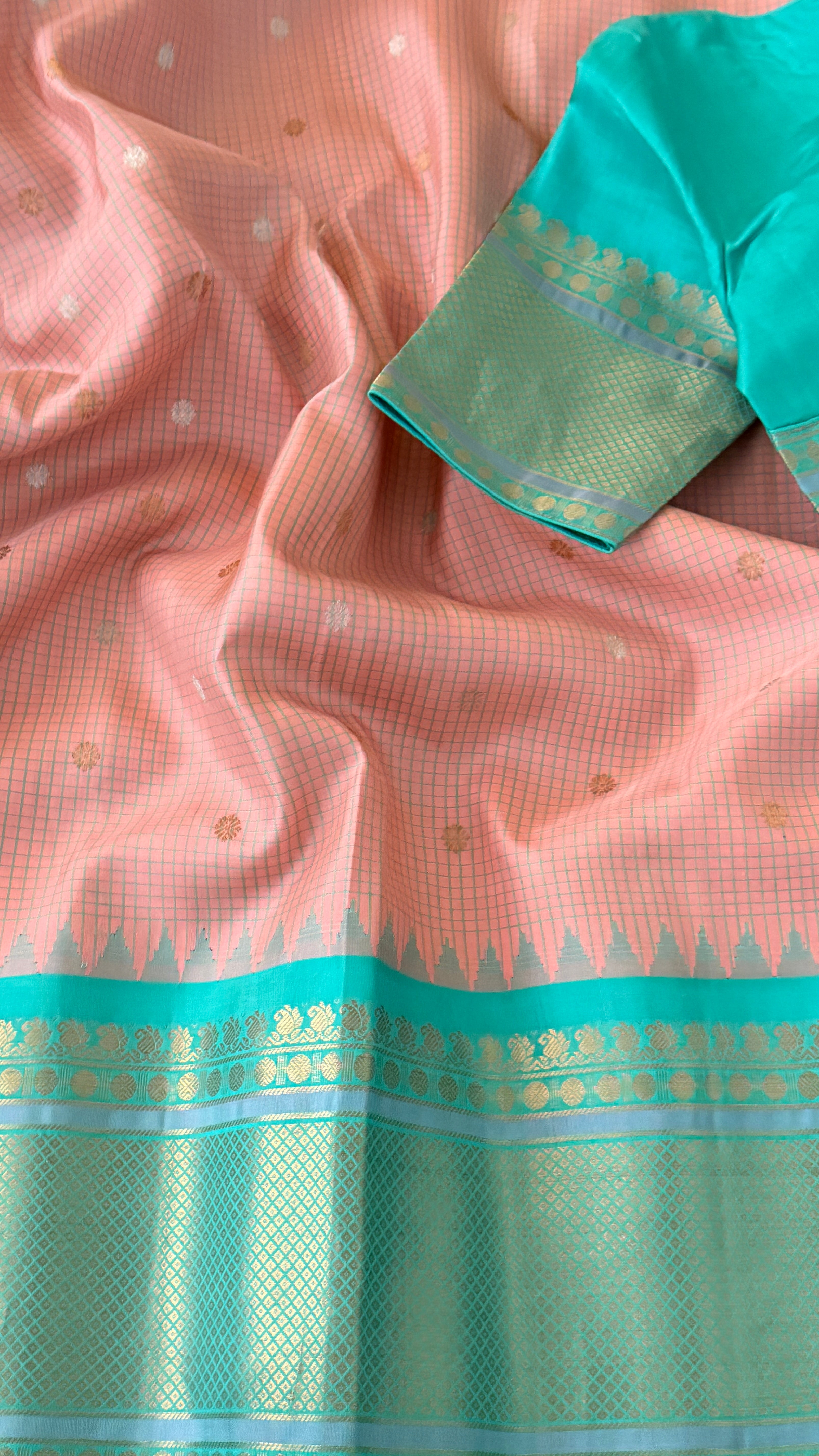 Pink & Aqua Blue Gadwal Silk Saree