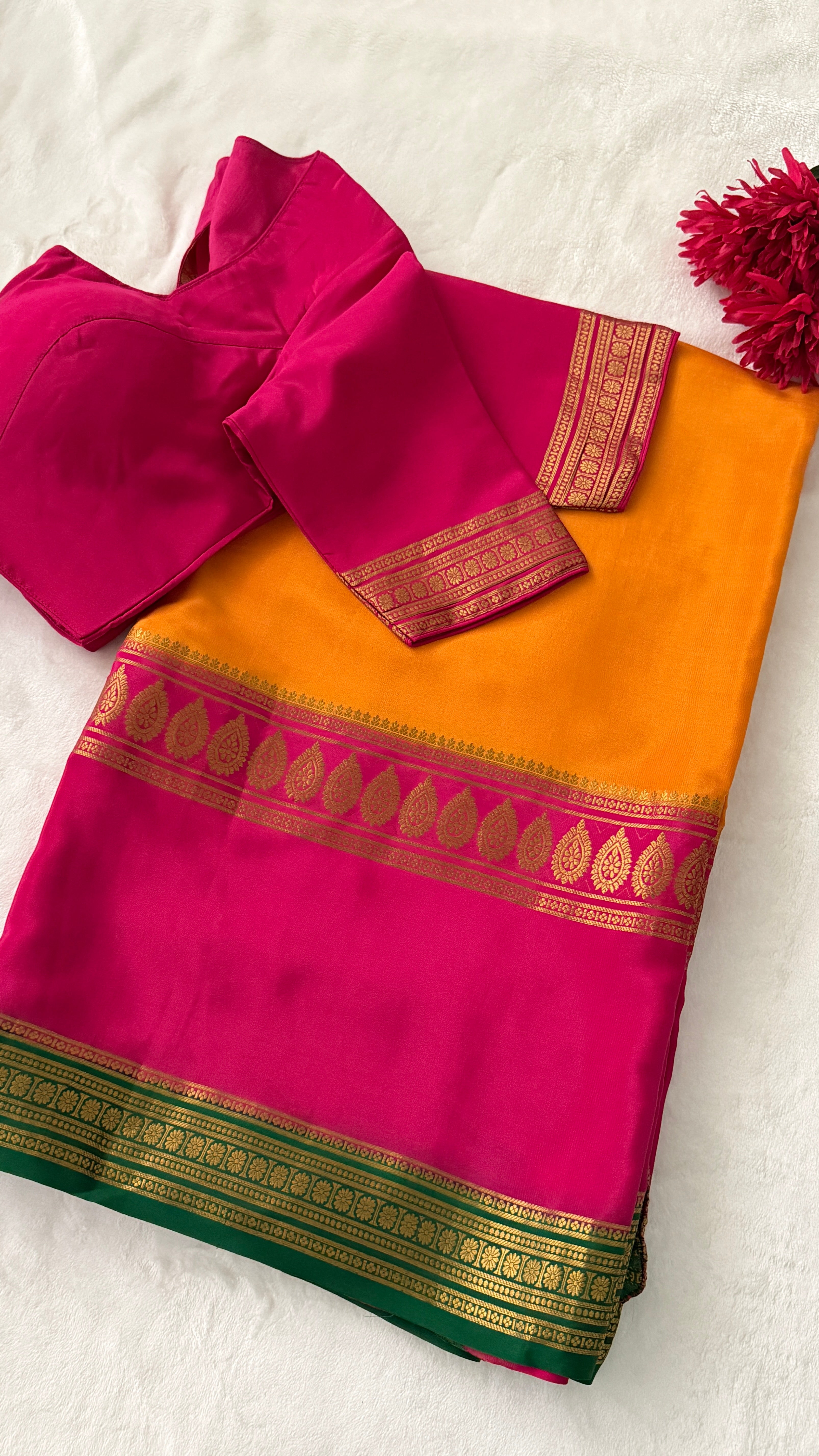 Mustard & Pink Mysore Silk Saree