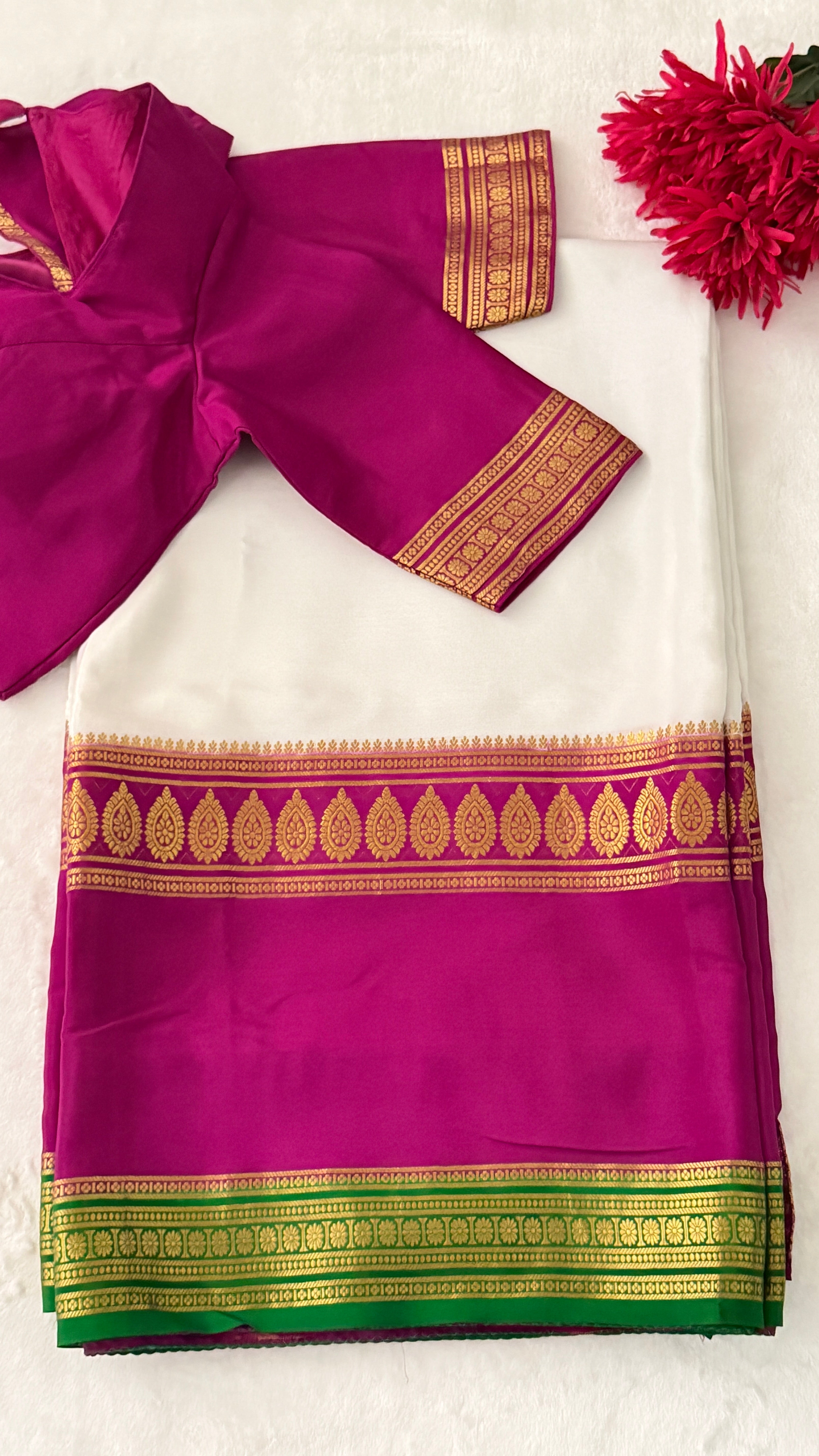 White & Magenta Mysore Silk Saree