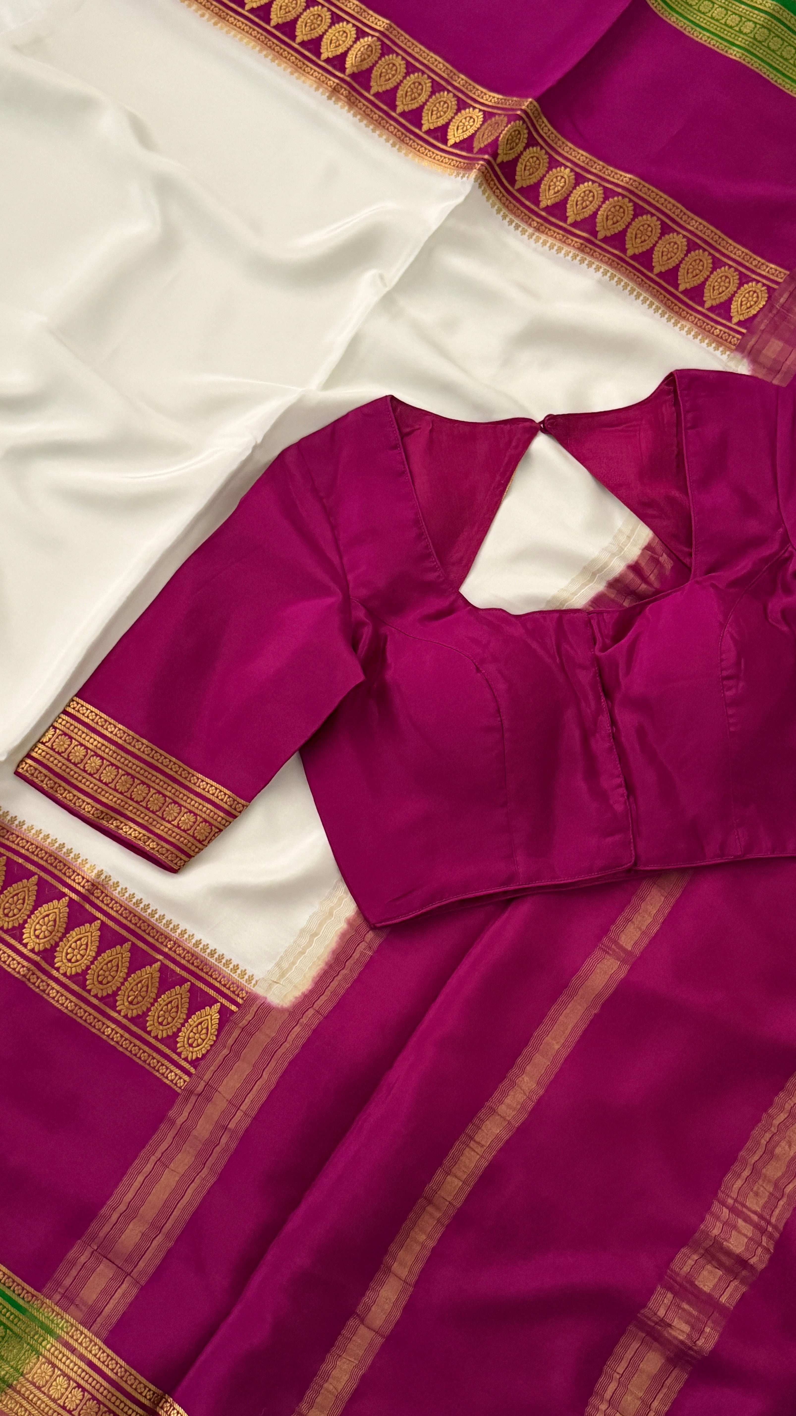 White & Magenta Mysore Silk Saree