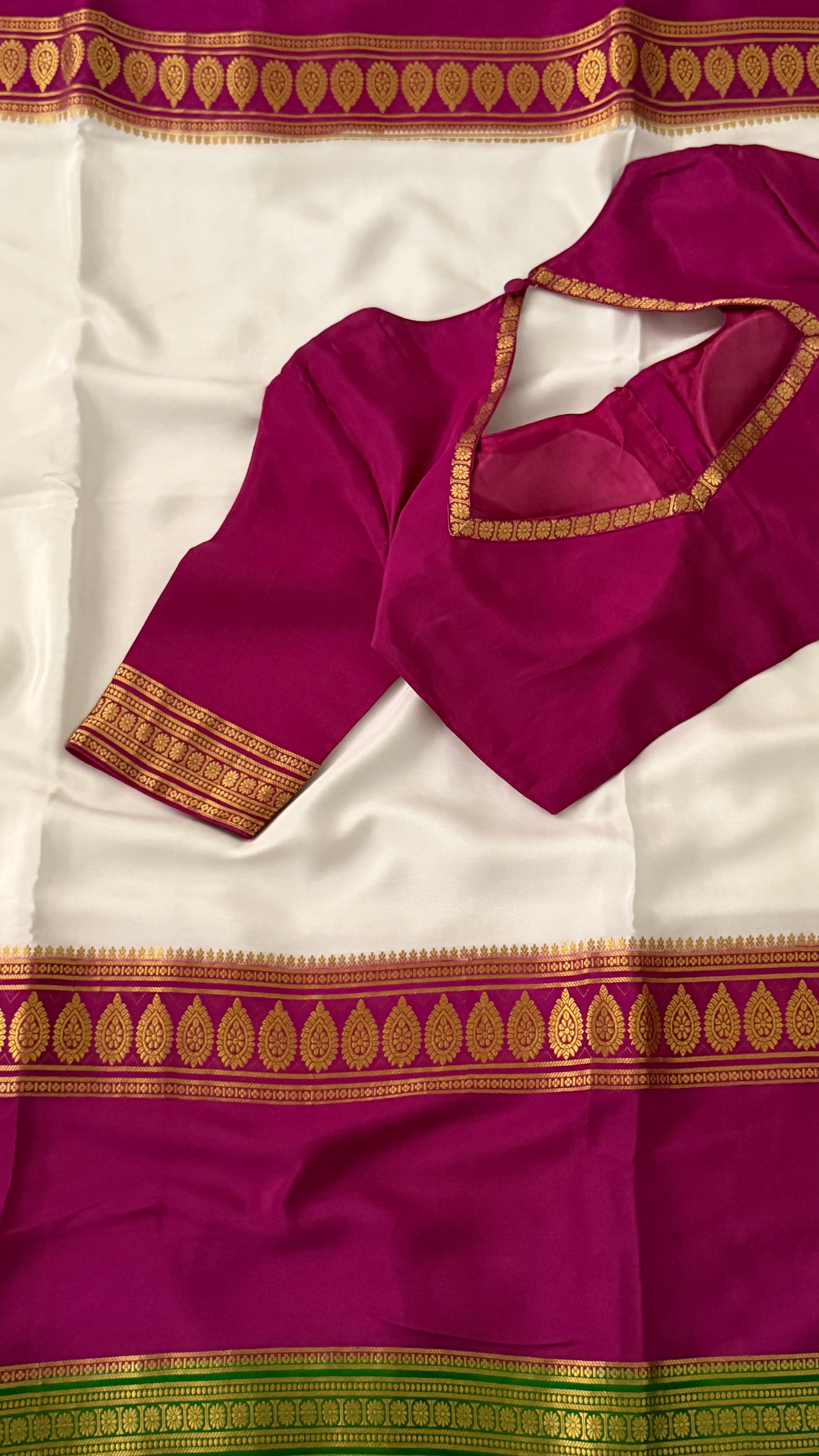 White & Magenta Mysore Silk Saree