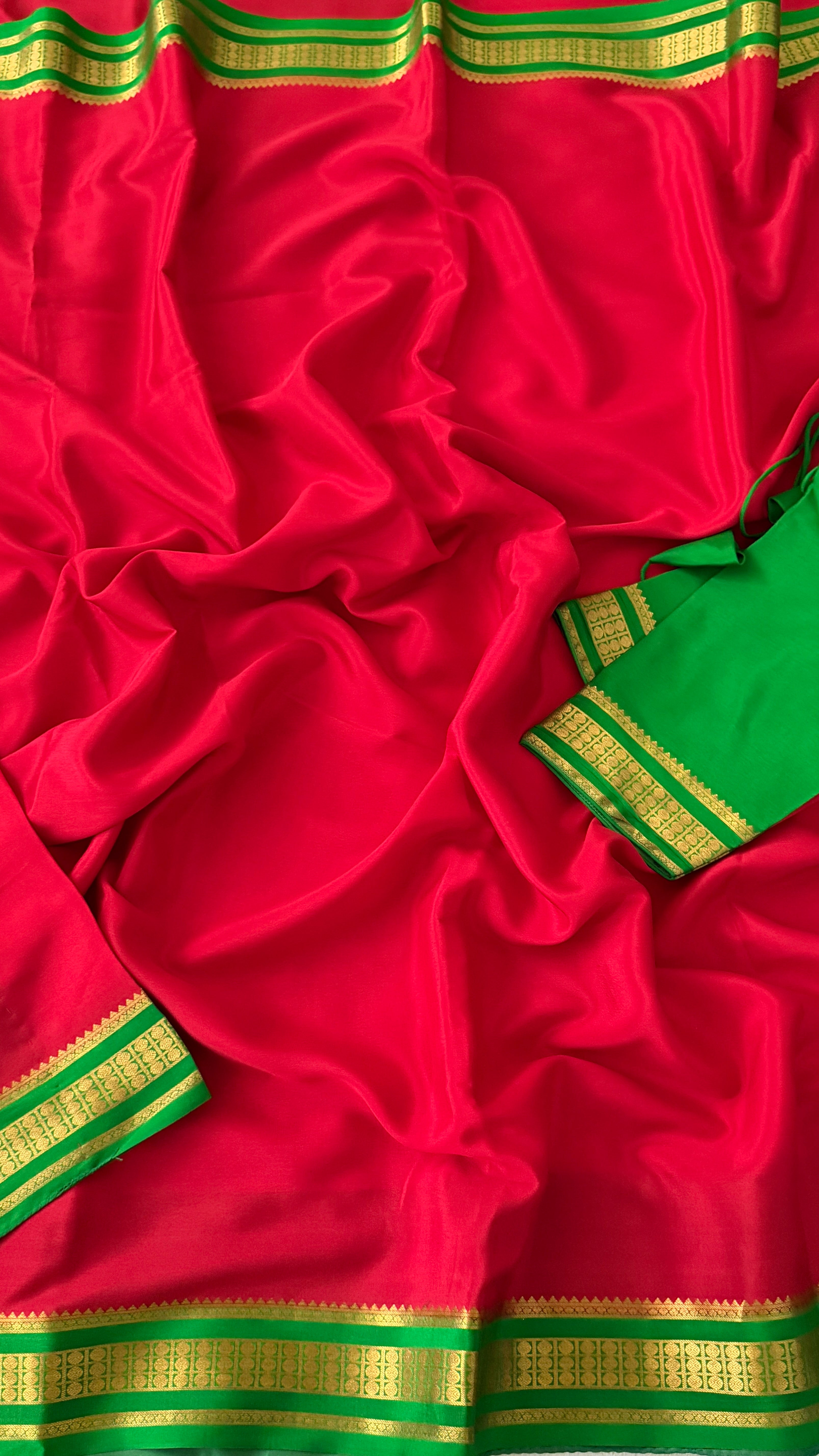 Red & Parrot Green Mysore Silk Saree