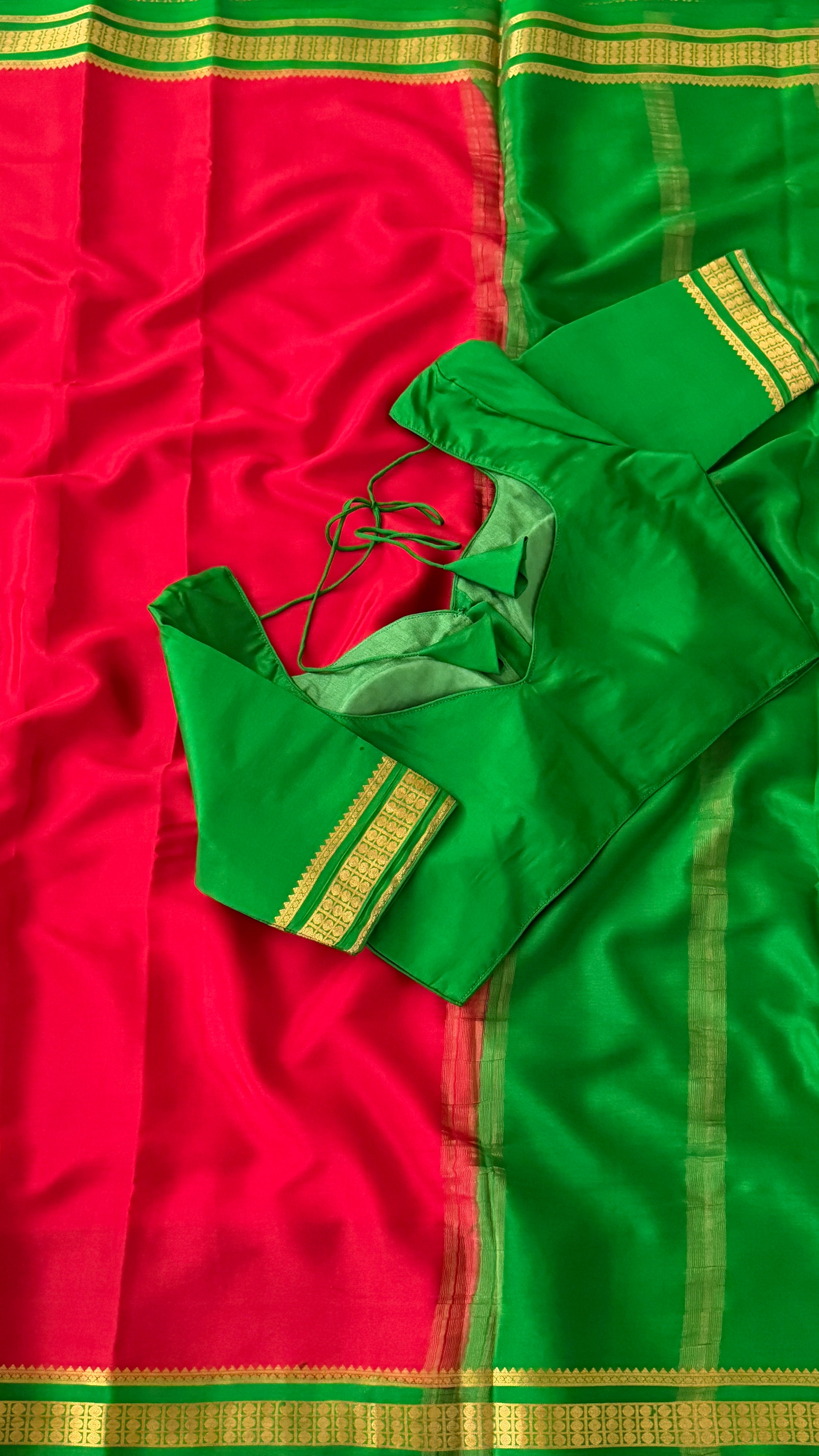 Red & Parrot Green Mysore Silk Saree