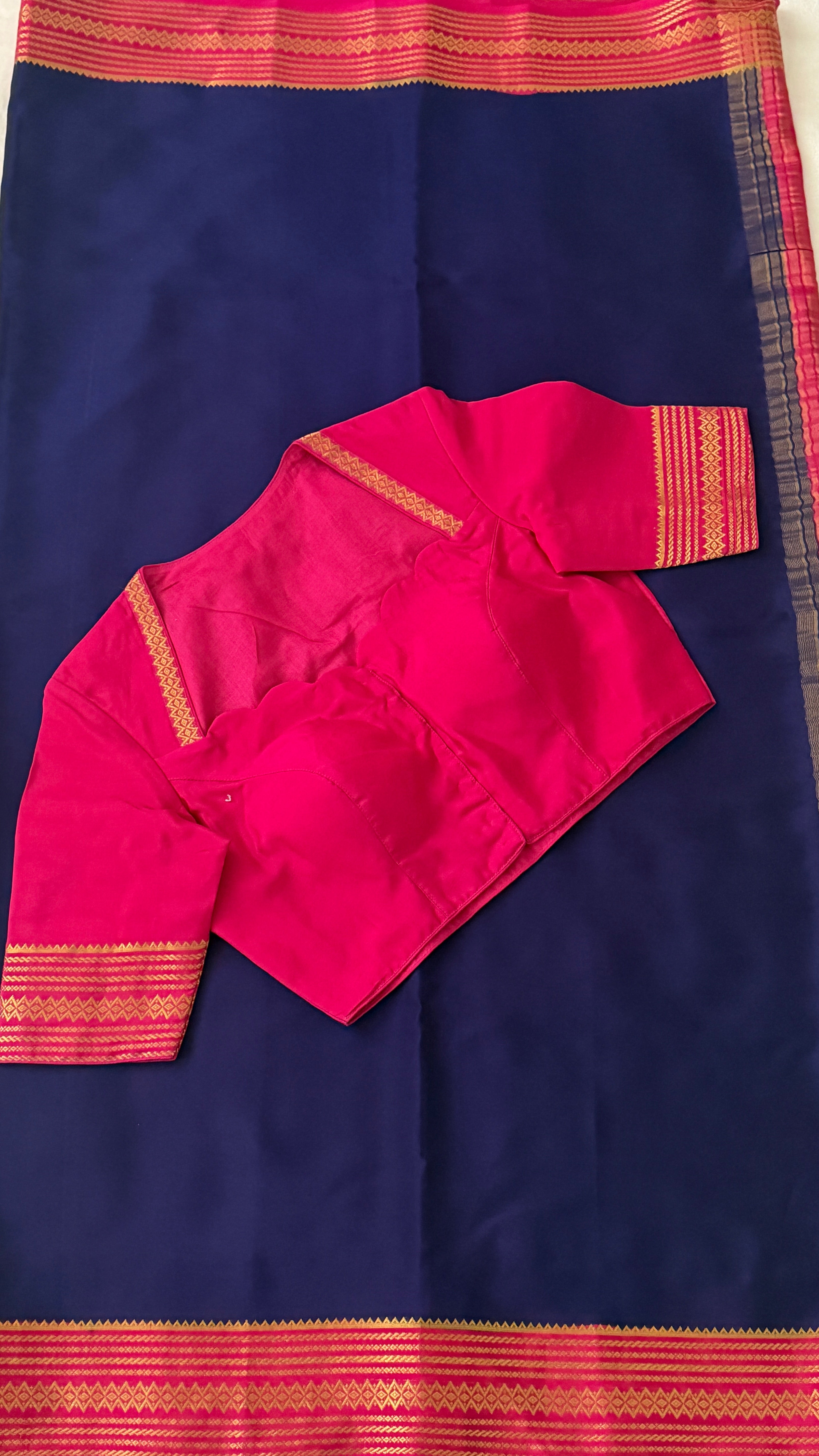 Navy Blue & Pink Mysore Silk Saree