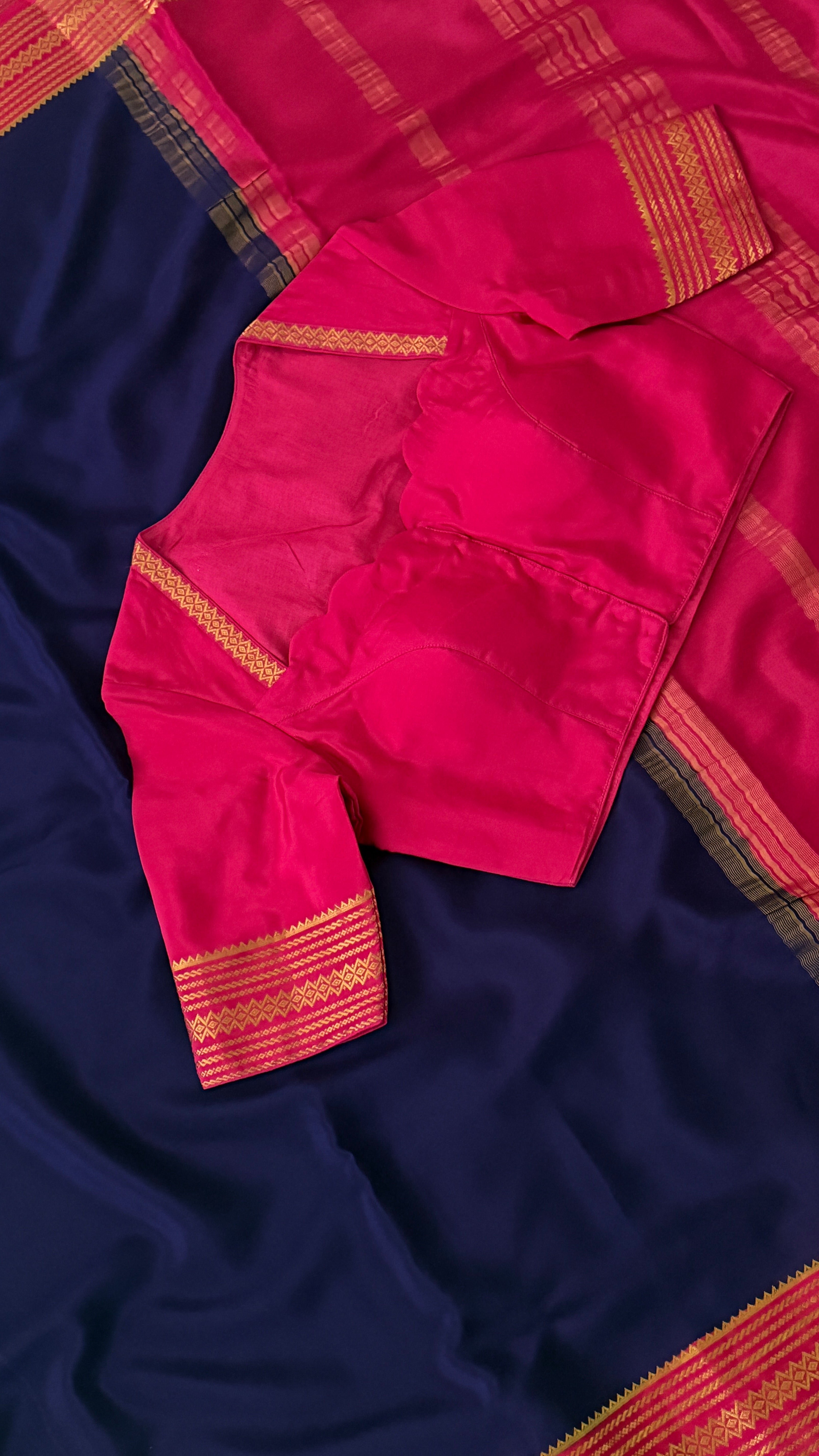 Navy Blue & Pink Mysore Silk Saree
