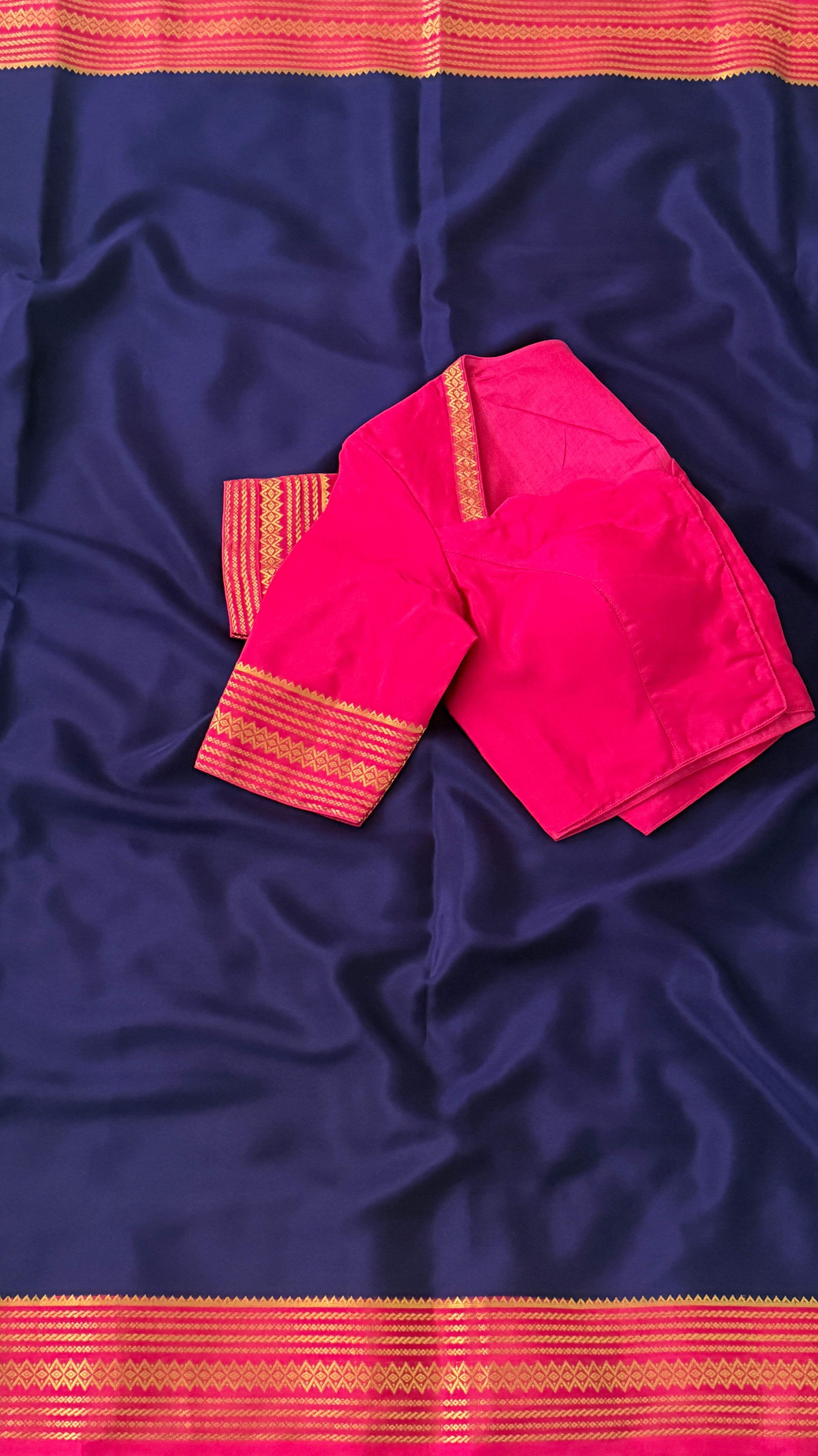 Navy Blue & Pink Mysore Silk Saree