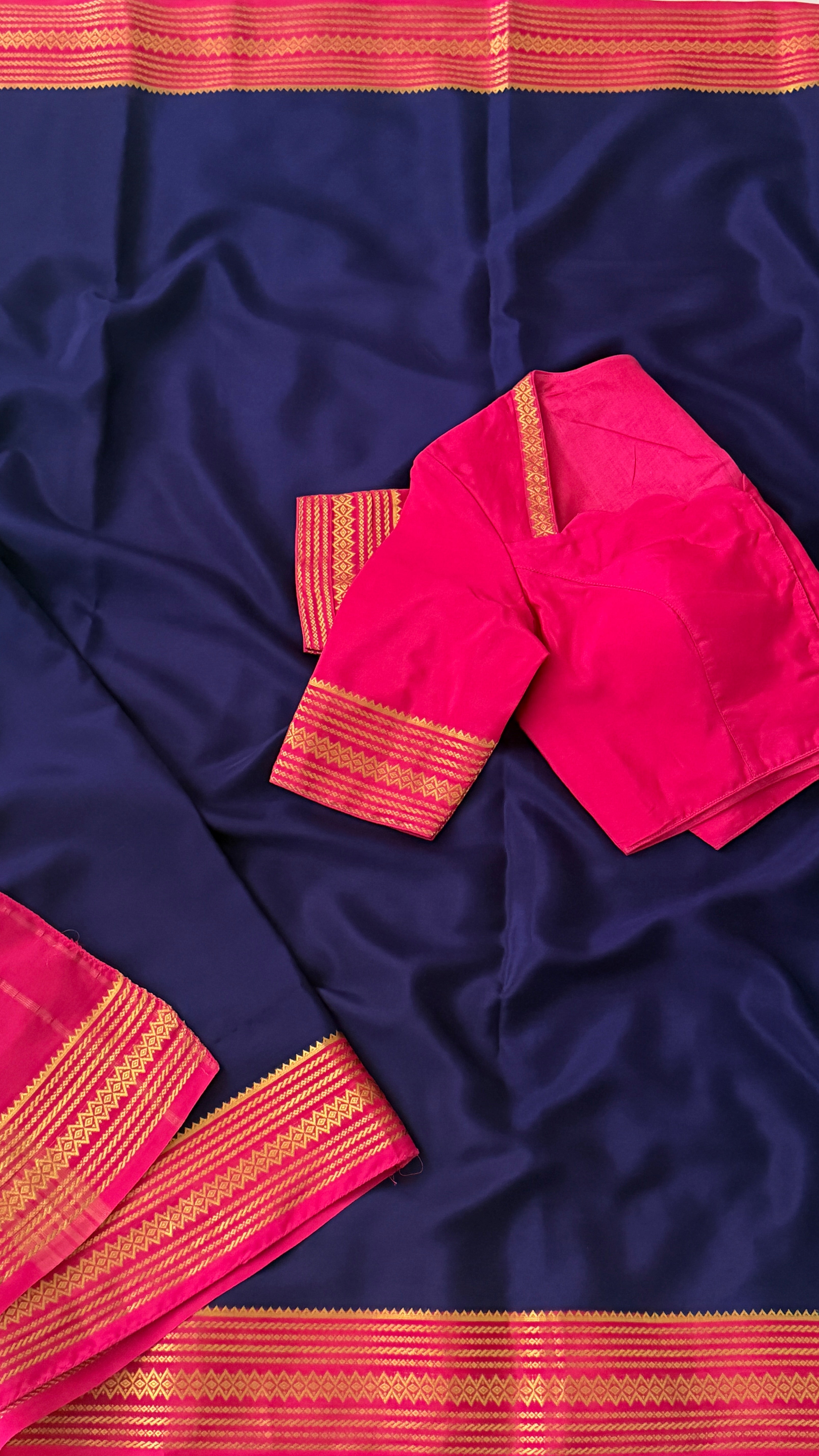 Navy Blue & Pink Mysore Silk Saree