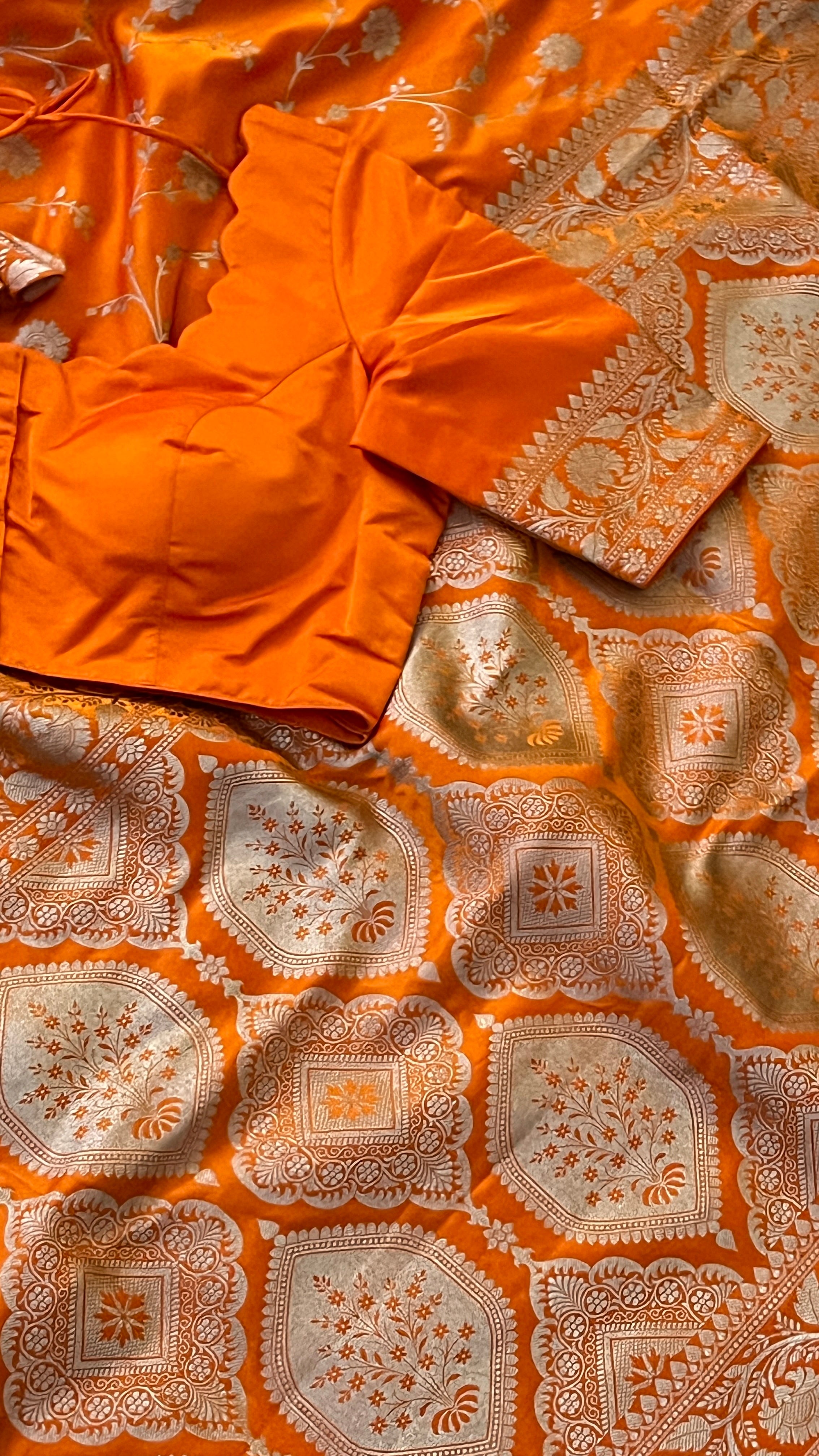 Orange Floral Banaras Silk Saree