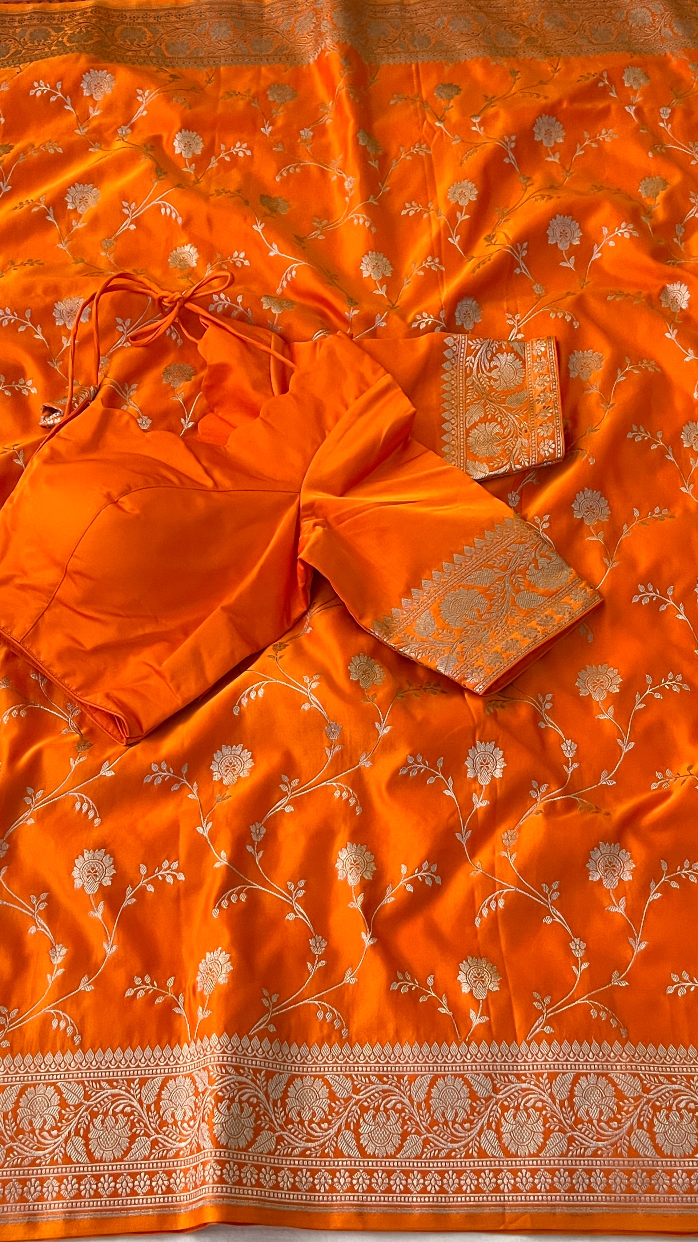 Orange Floral Banaras Silk Saree