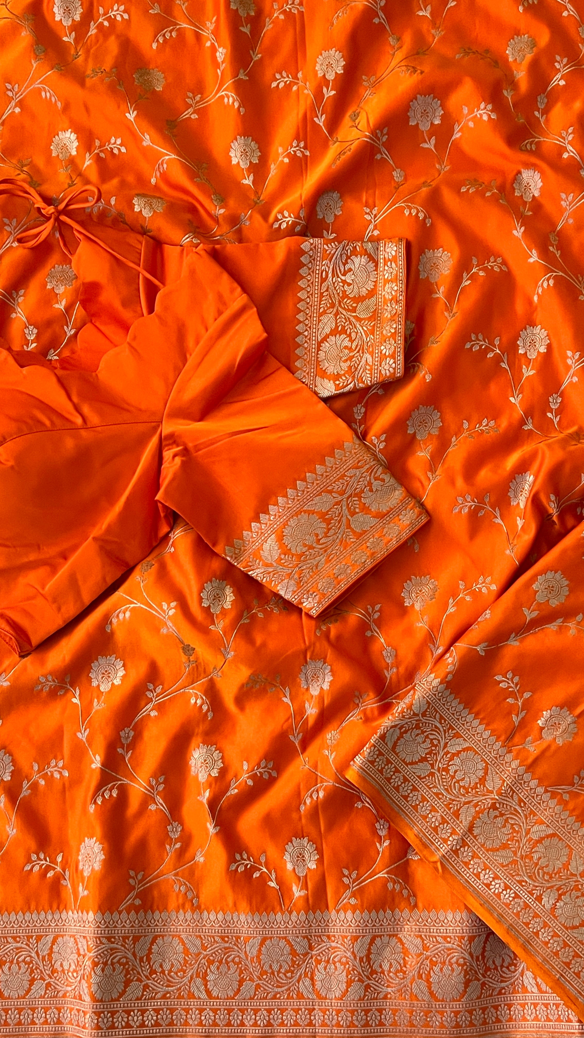 Orange Floral Banaras Silk Saree
