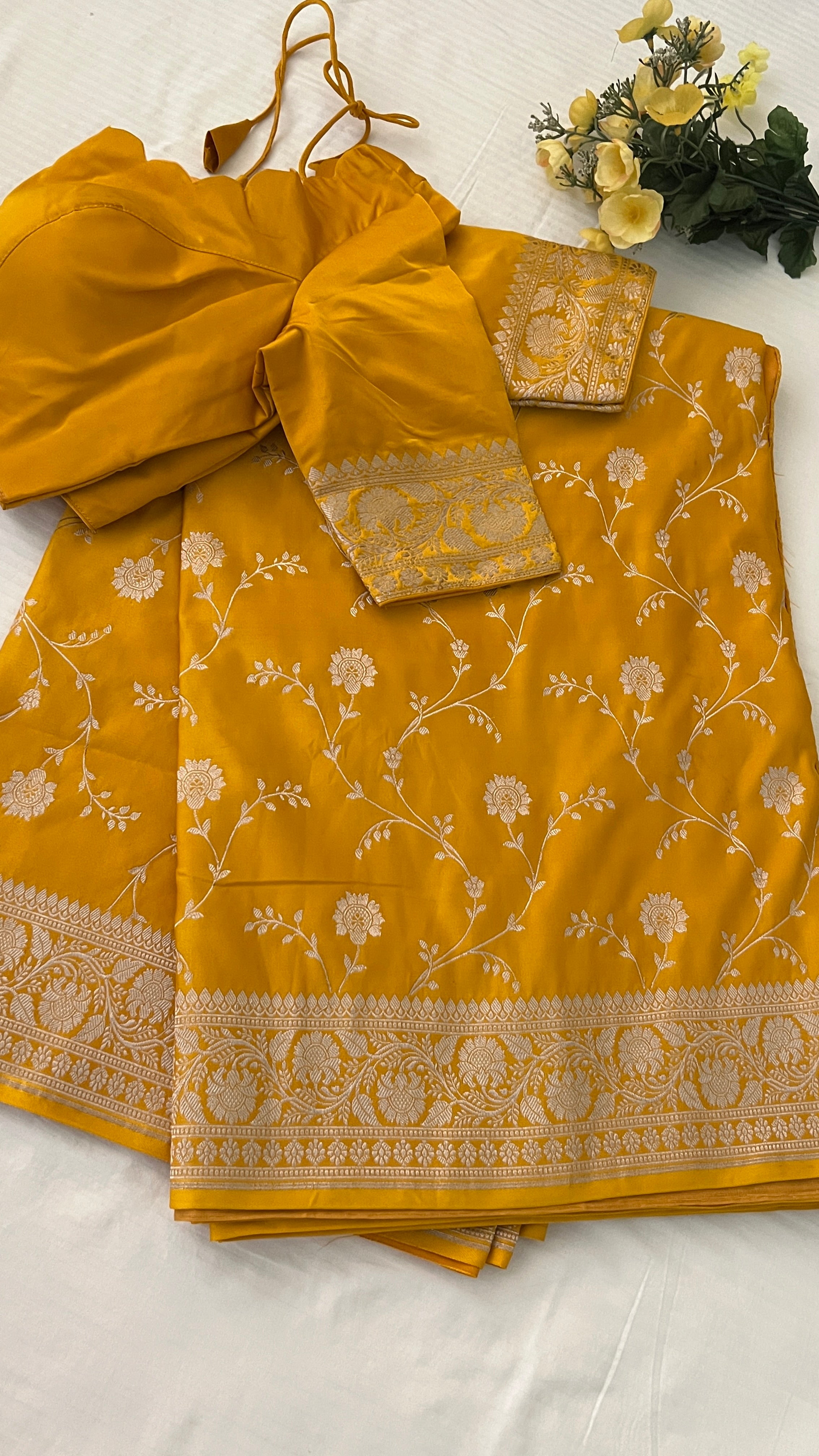 Mustard Floral Banaras Silk Saree
