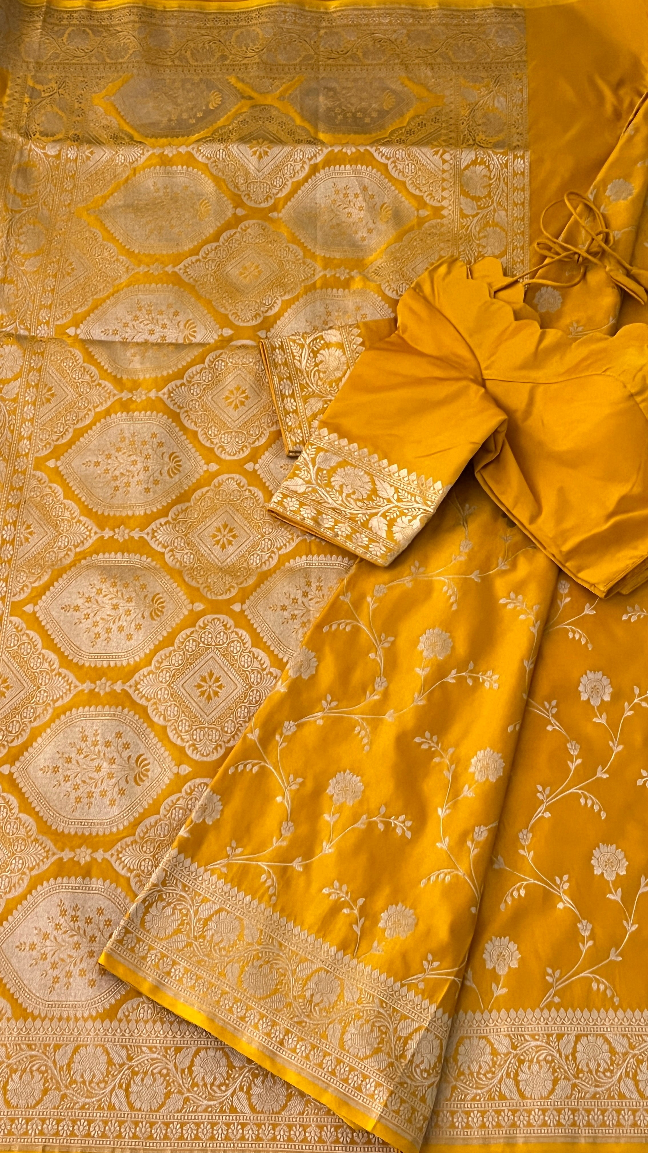 Mustard Floral Banaras Silk Saree