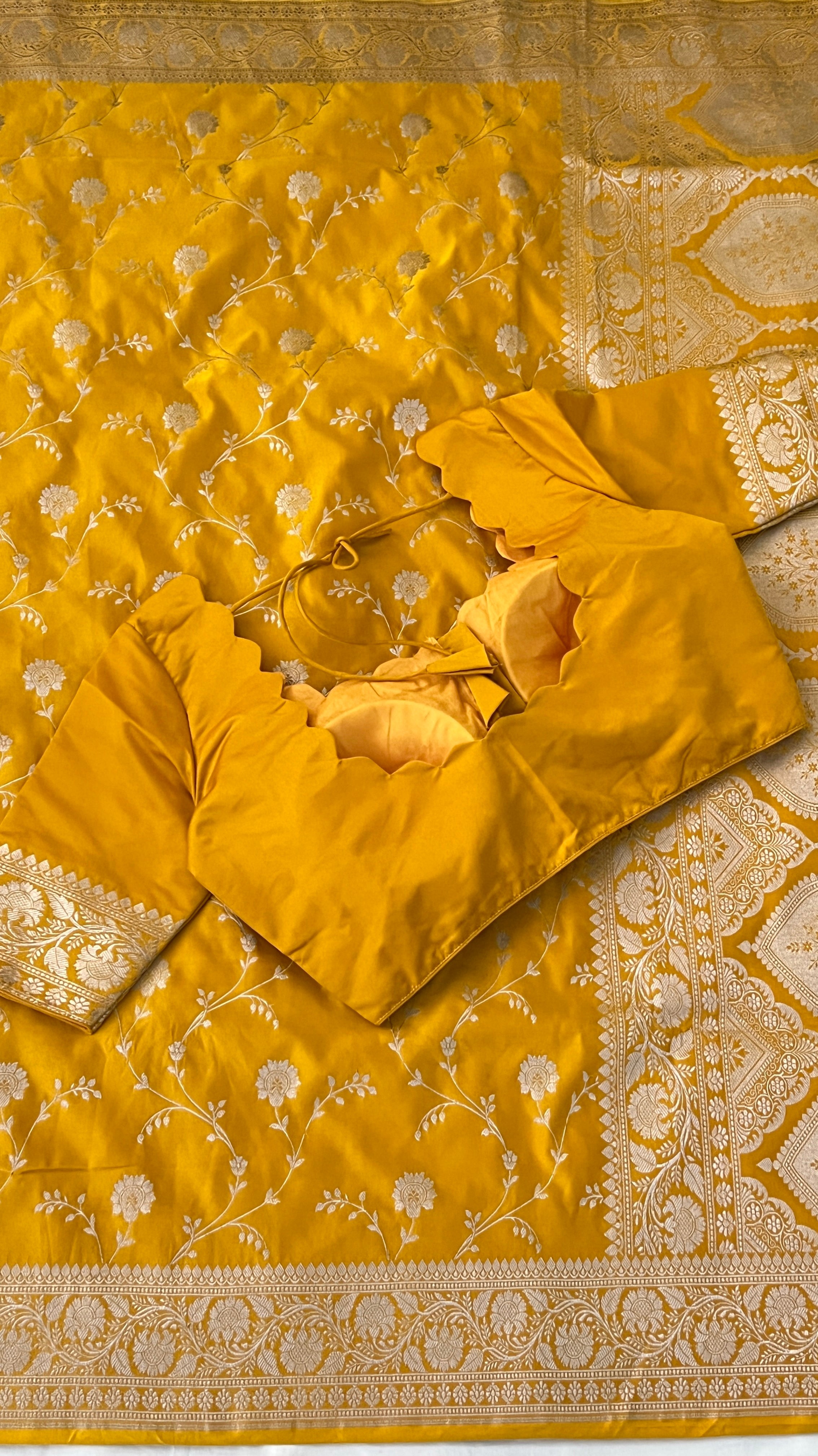 Mustard Floral Banaras Silk Saree