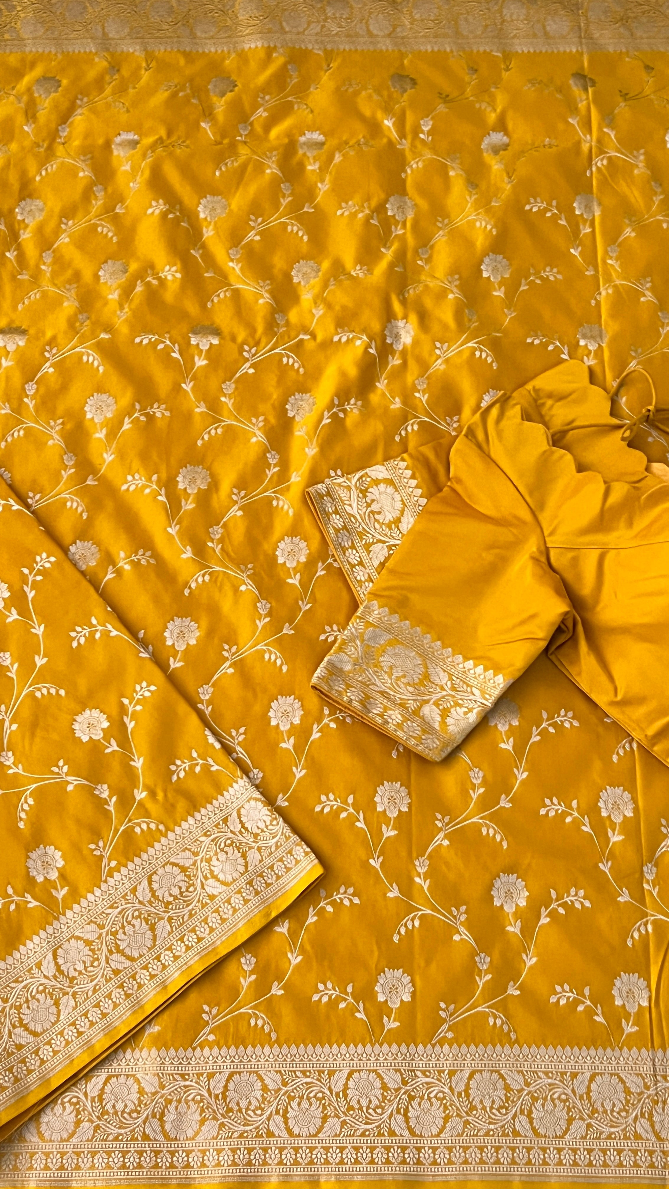 Mustard Floral Banaras Silk Saree