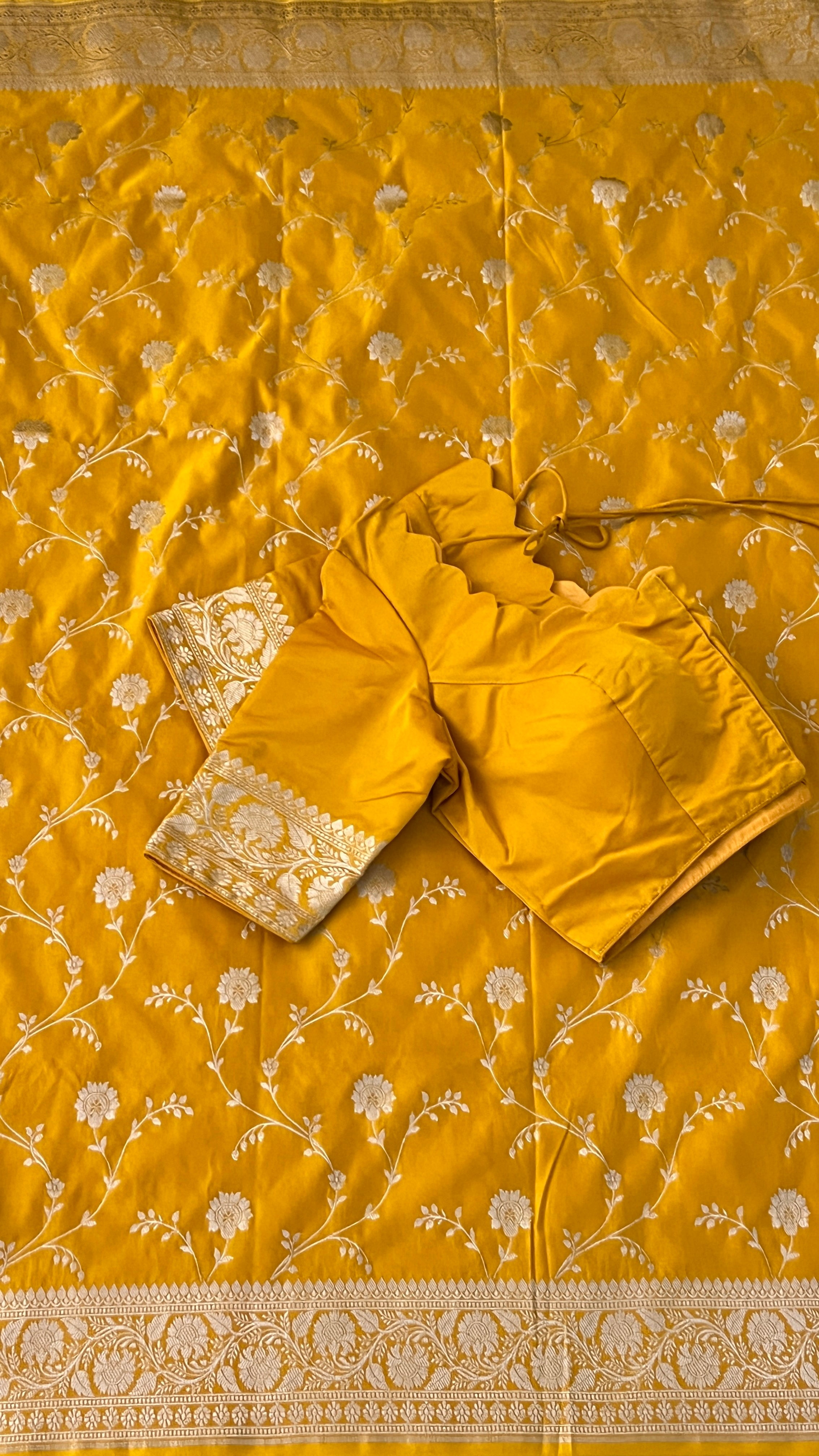 Mustard Floral Banaras Silk Saree