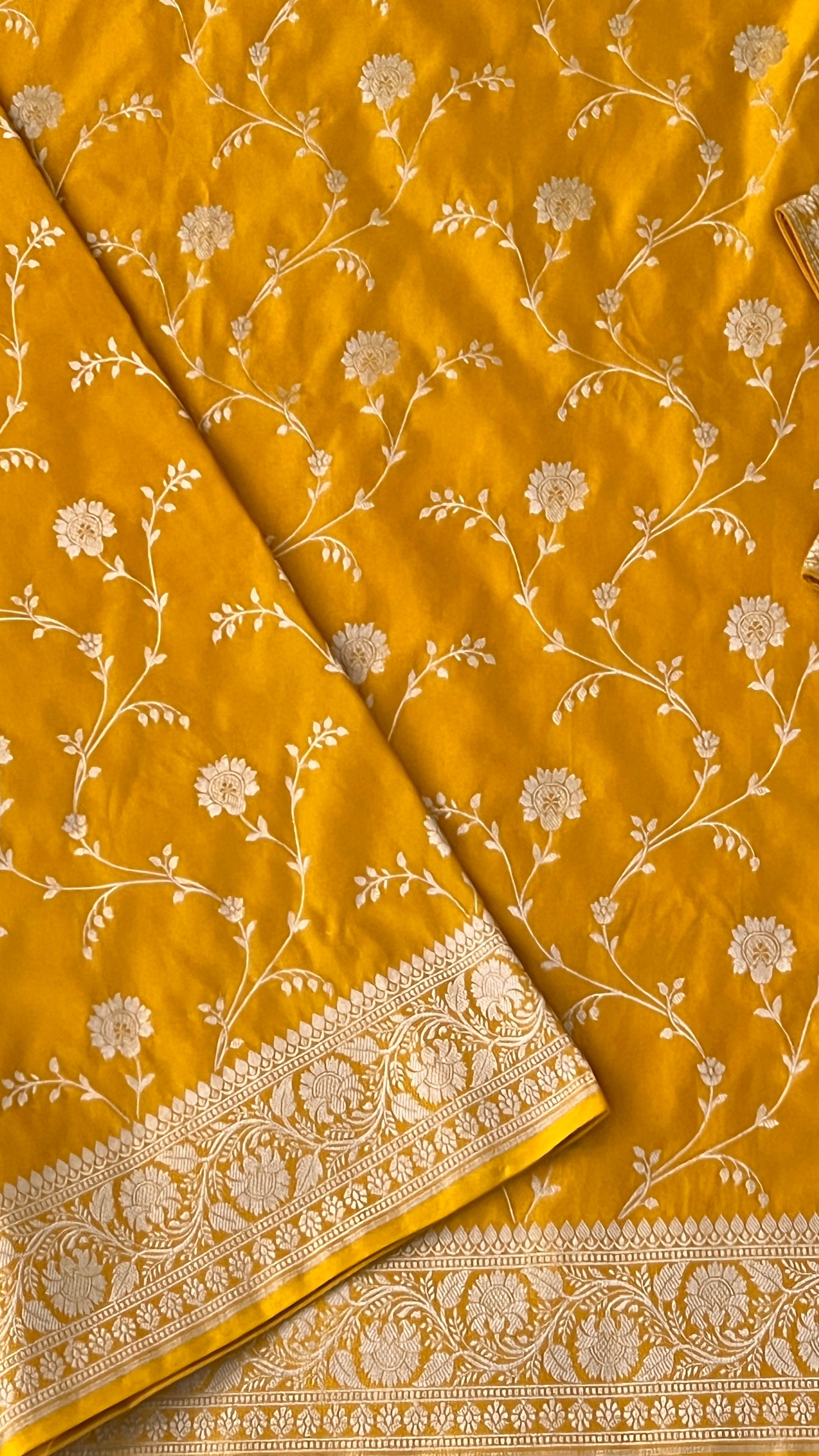 Mustard Floral Banaras Silk Saree