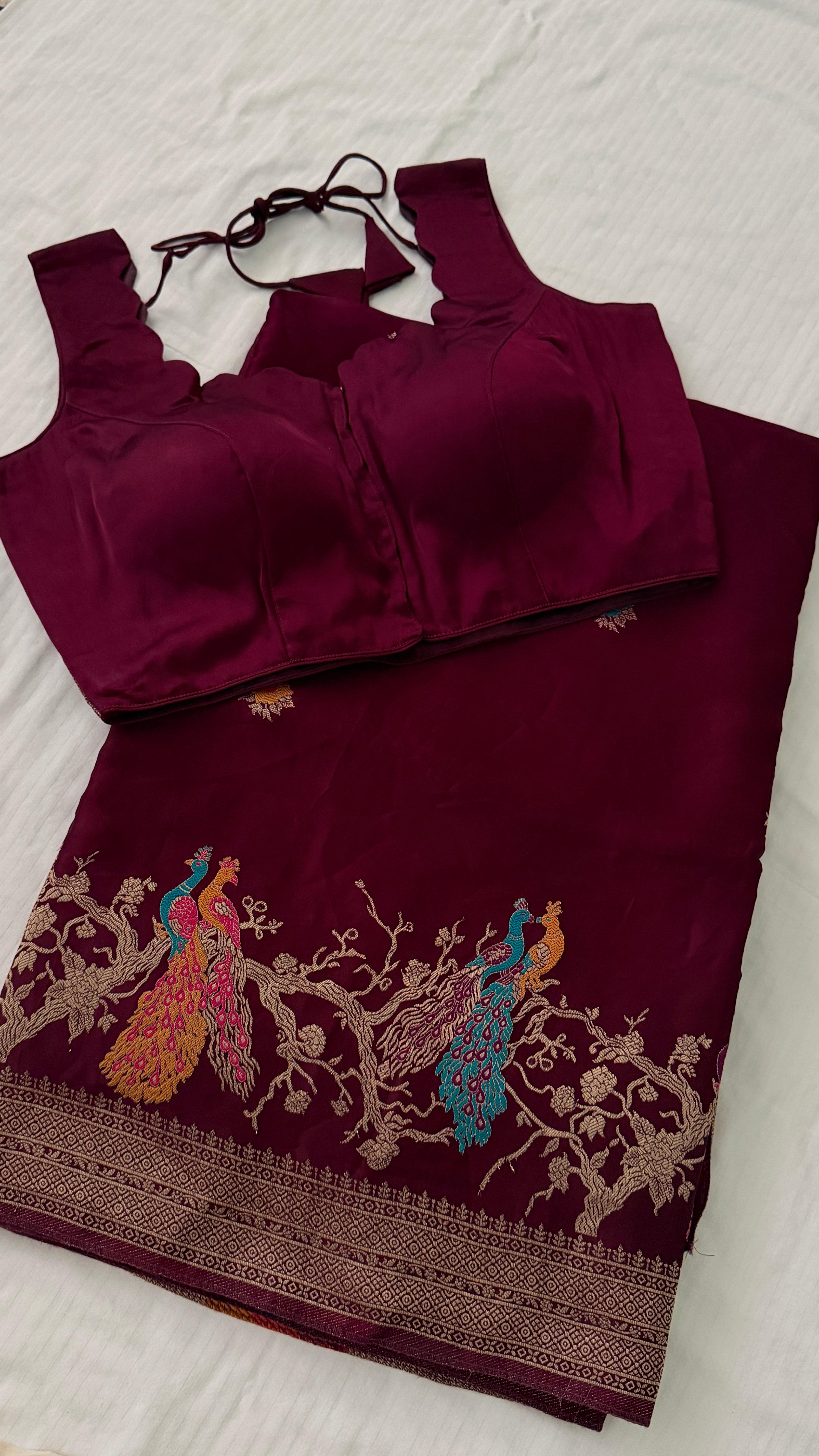 Wine Satin Silk Saree