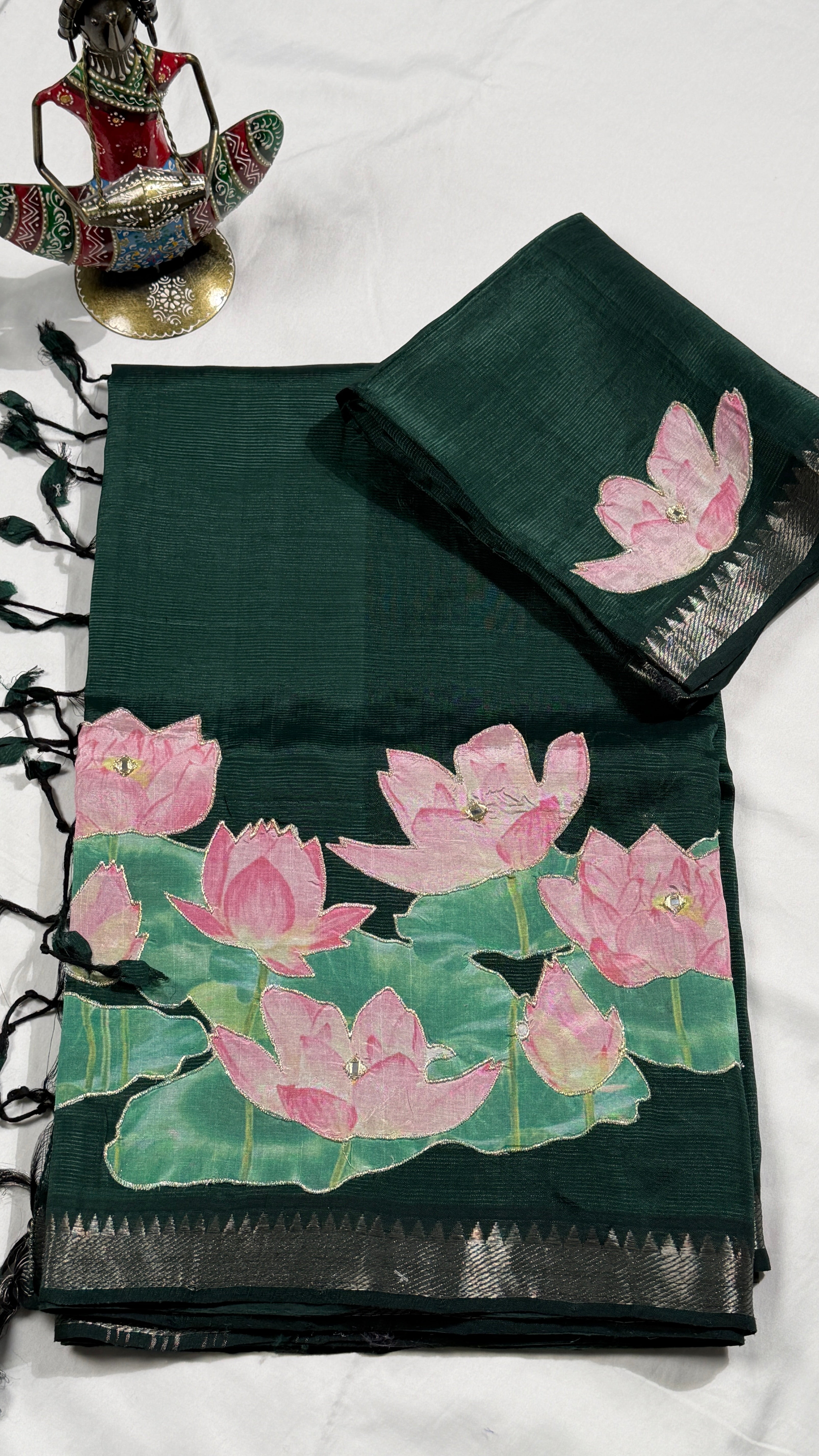 Bottle Green Mangalagiri Applique Saree