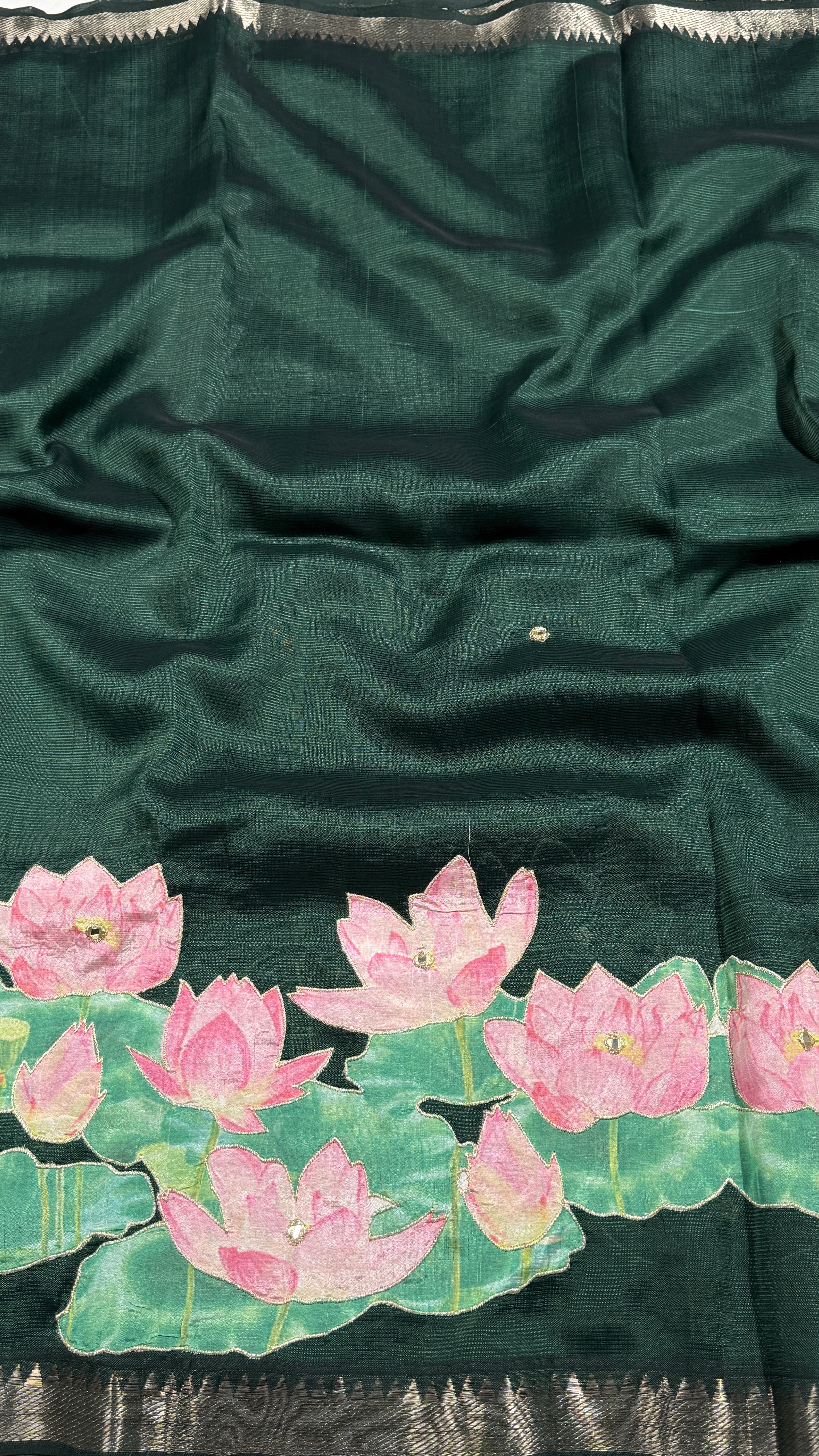 Bottle Green Mangalagiri Applique Saree