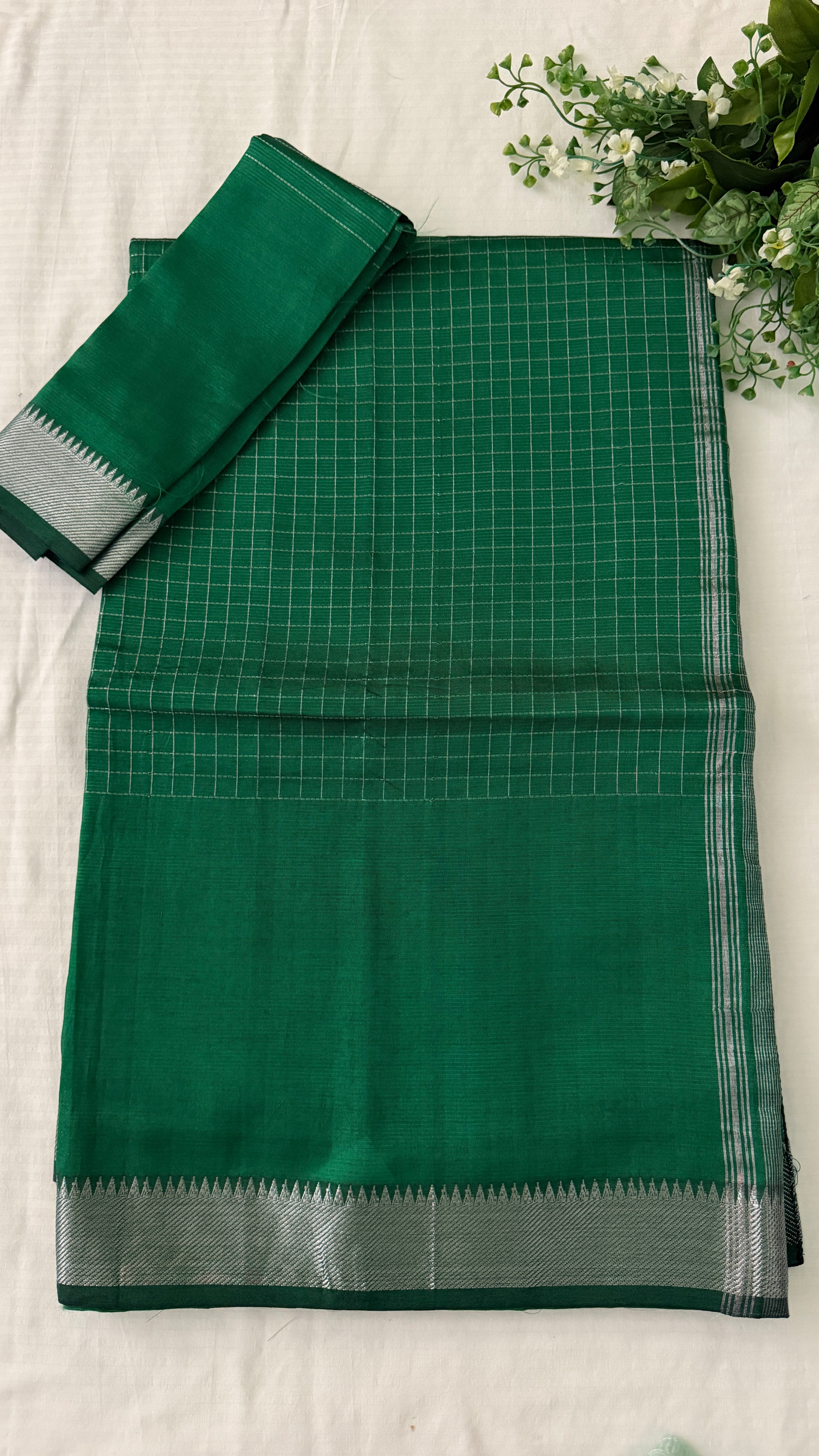Bottle Green Checks Mangalagiri Silk Saree