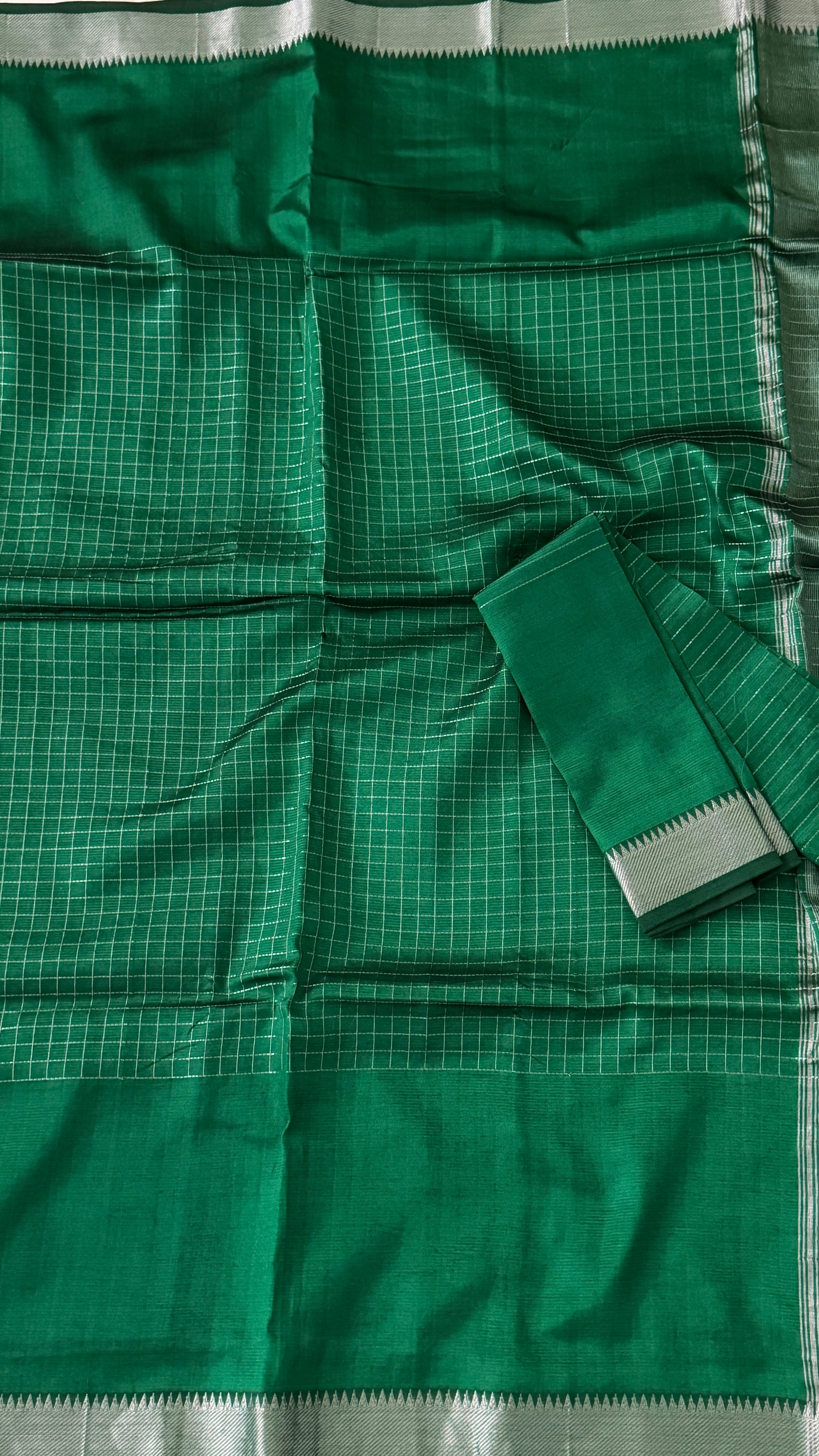 Bottle Green Checks Mangalagiri Silk Saree