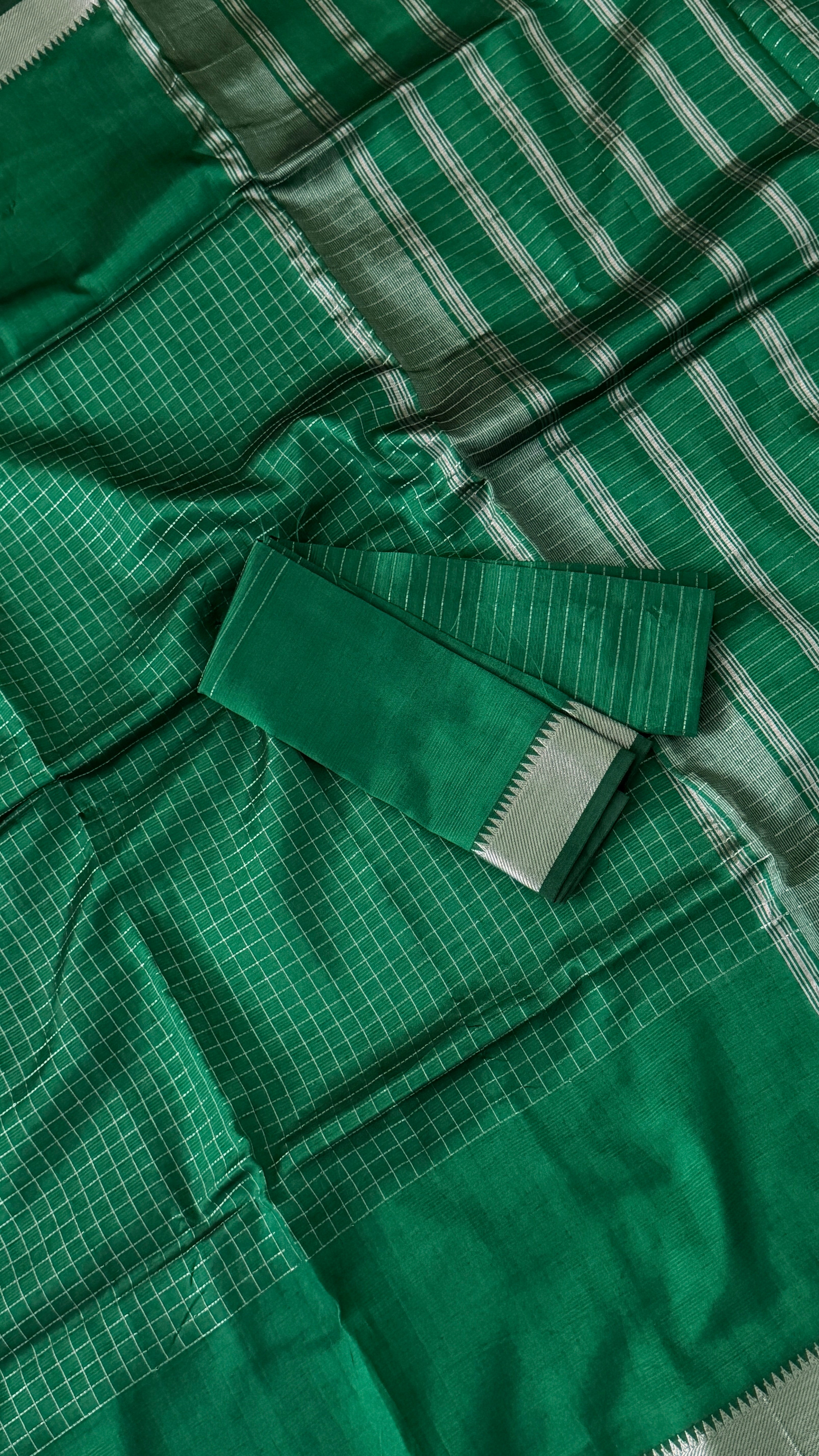 Bottle Green Checks Mangalagiri Silk Saree