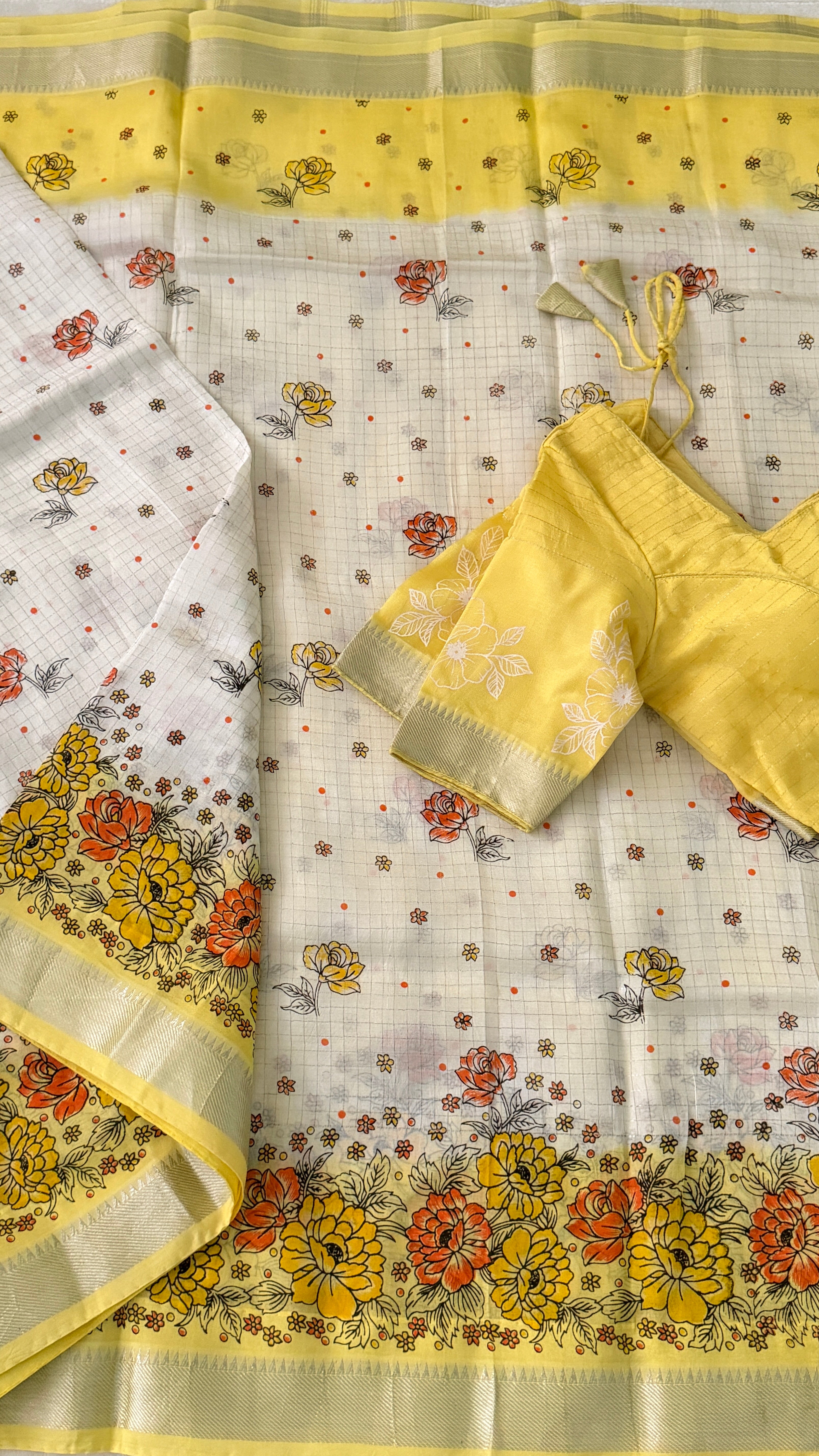 White & Yellow Floral Print Managalagiri Silk Saree