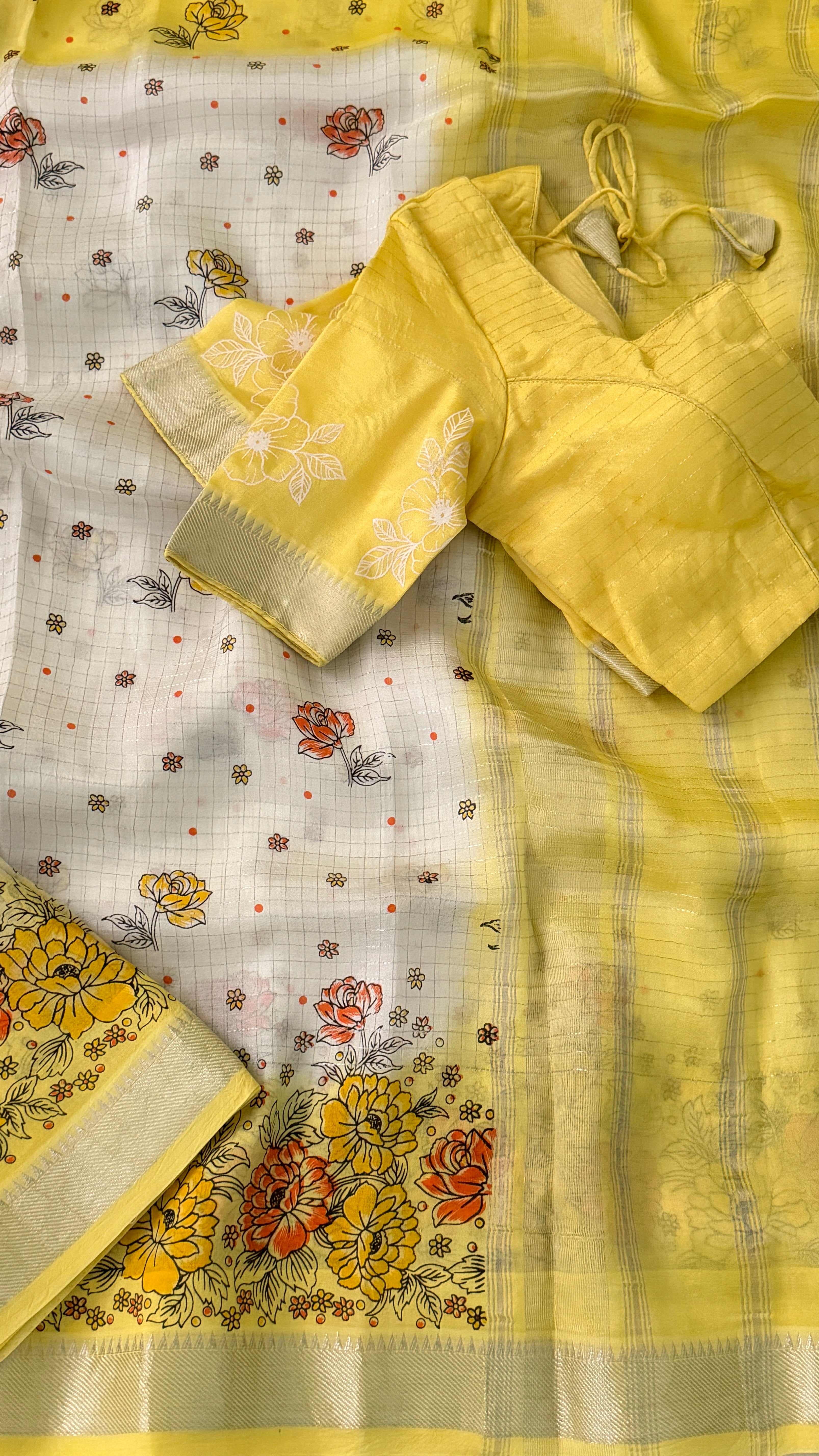 White & Yellow Floral Print Managalagiri Silk Saree