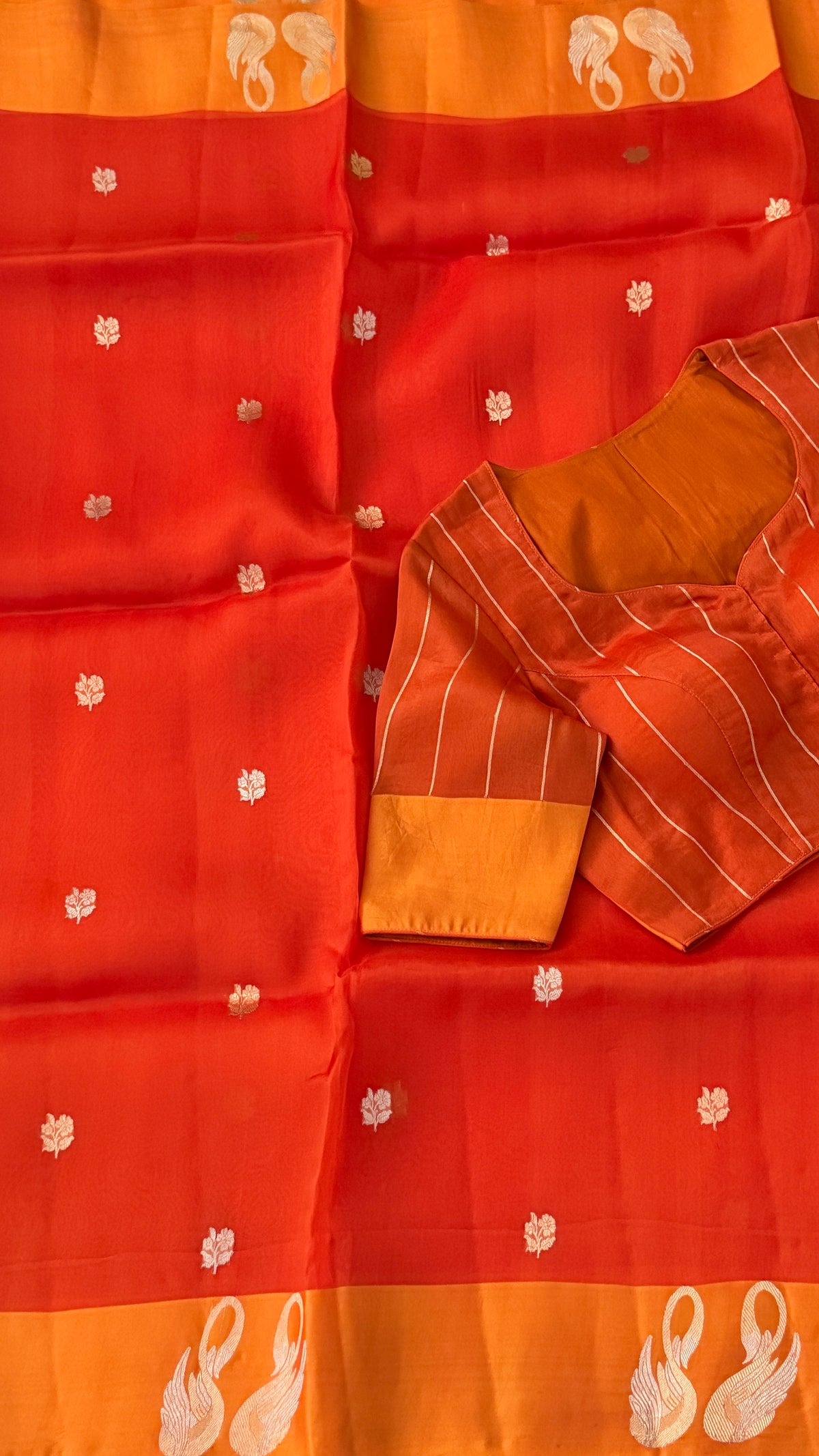 Orange Kora Organza Silk Saree