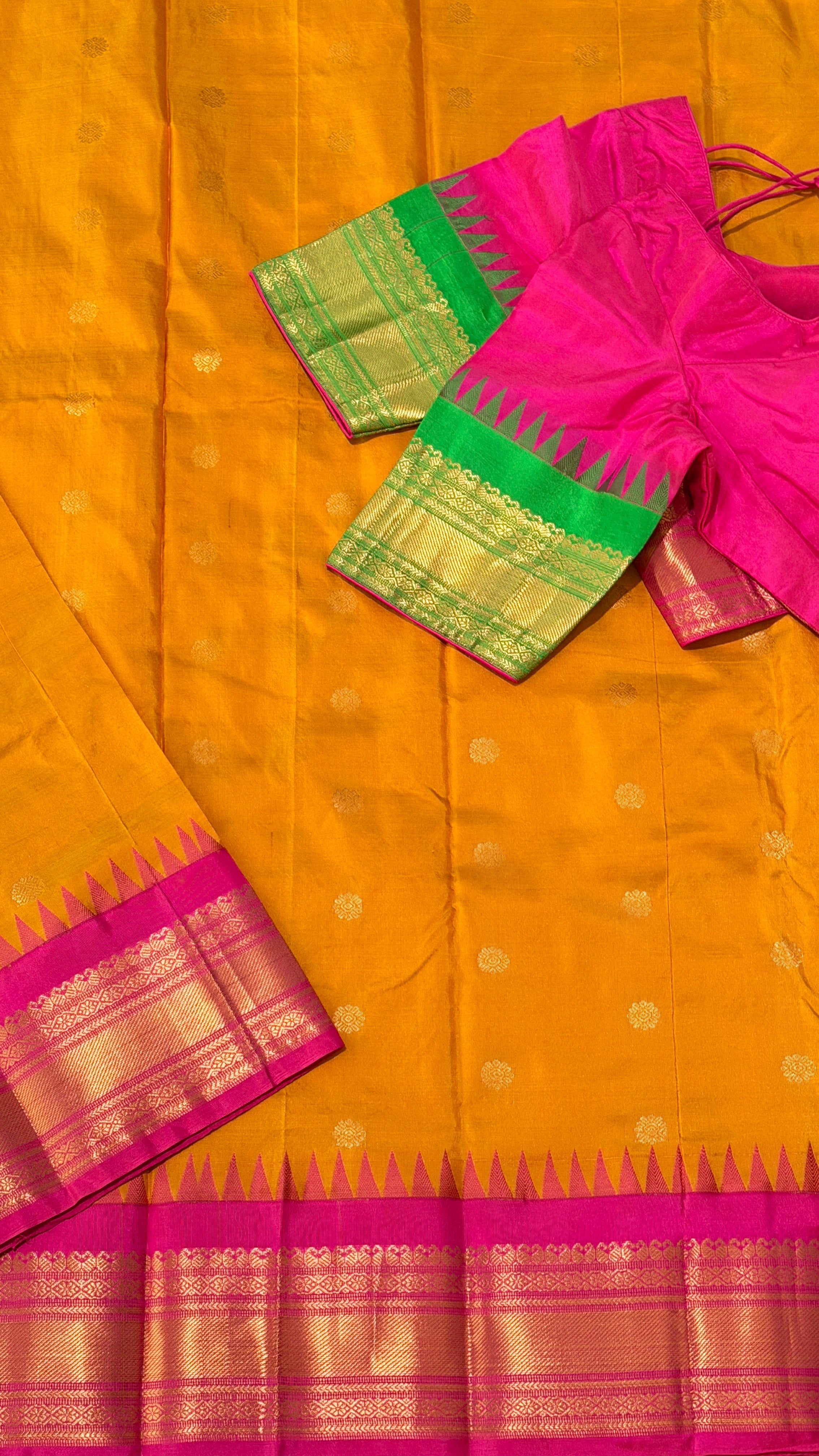 Mustard & Hot Pink Kanchipuram Silk Saree