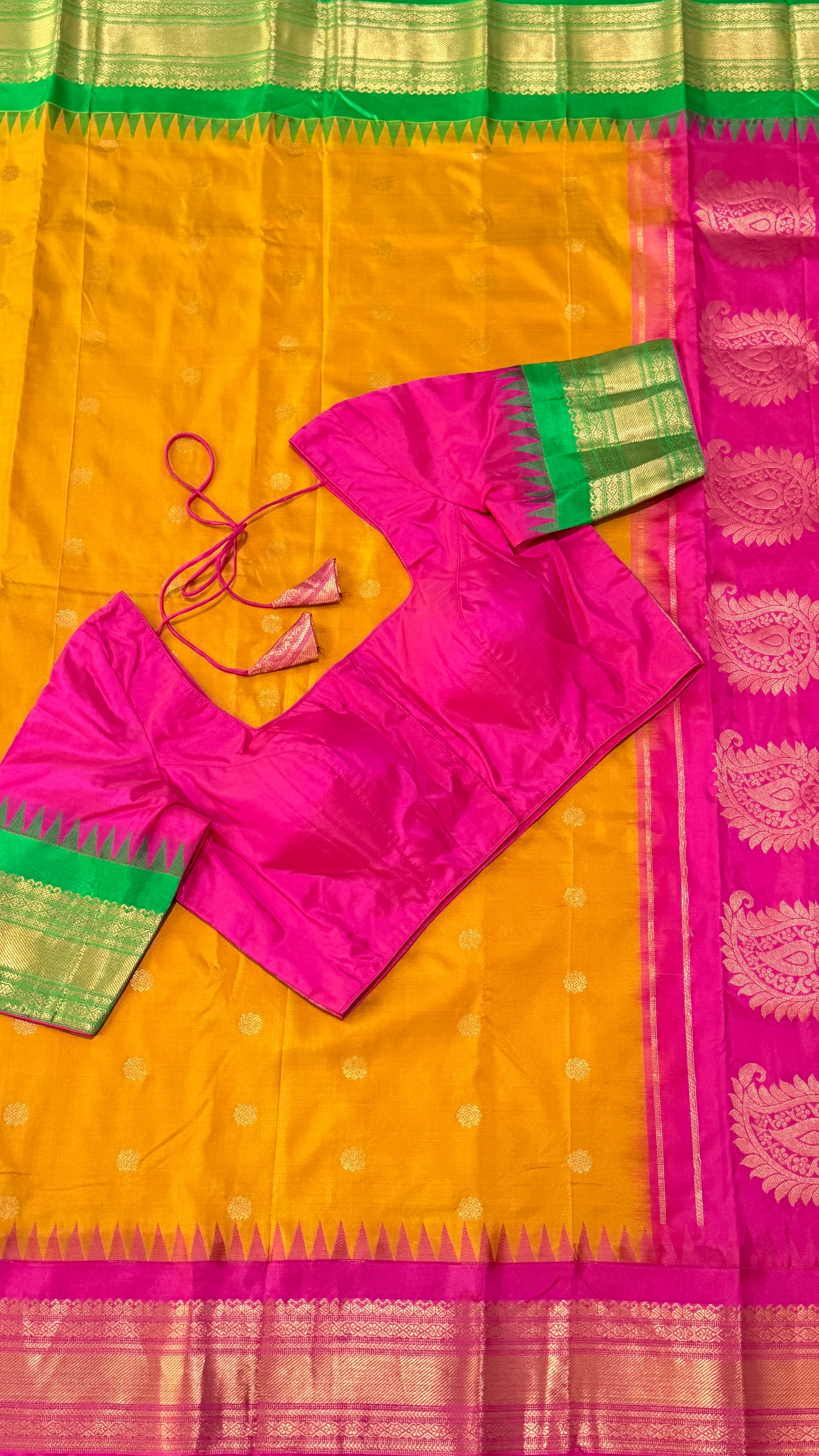 Mustard & Hot Pink Kanchipuram Silk Saree