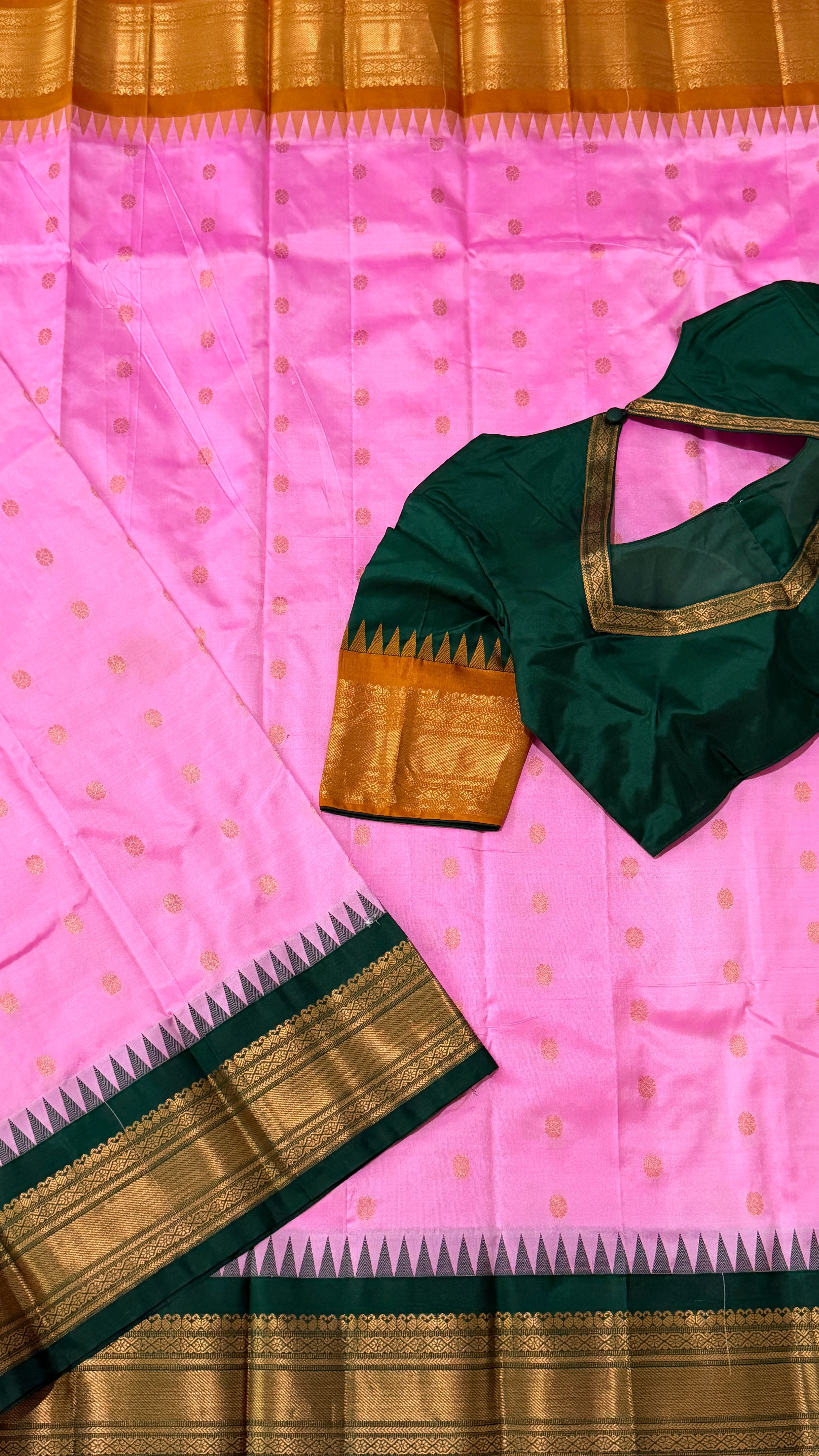 Pink & Bottle Green Kanchipuram Silk Saree