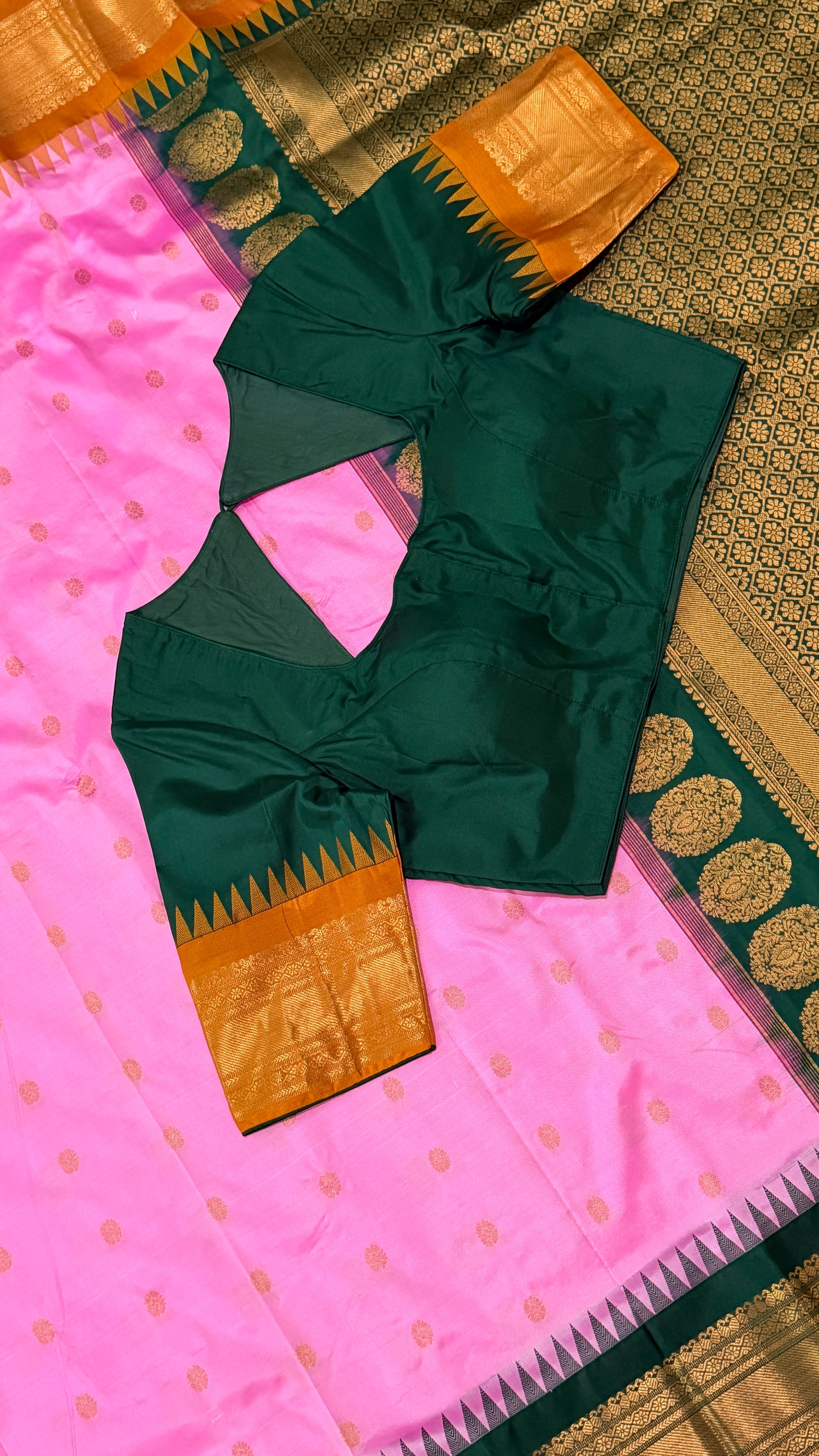Pink & Bottle Green Kanchipuram Silk Saree