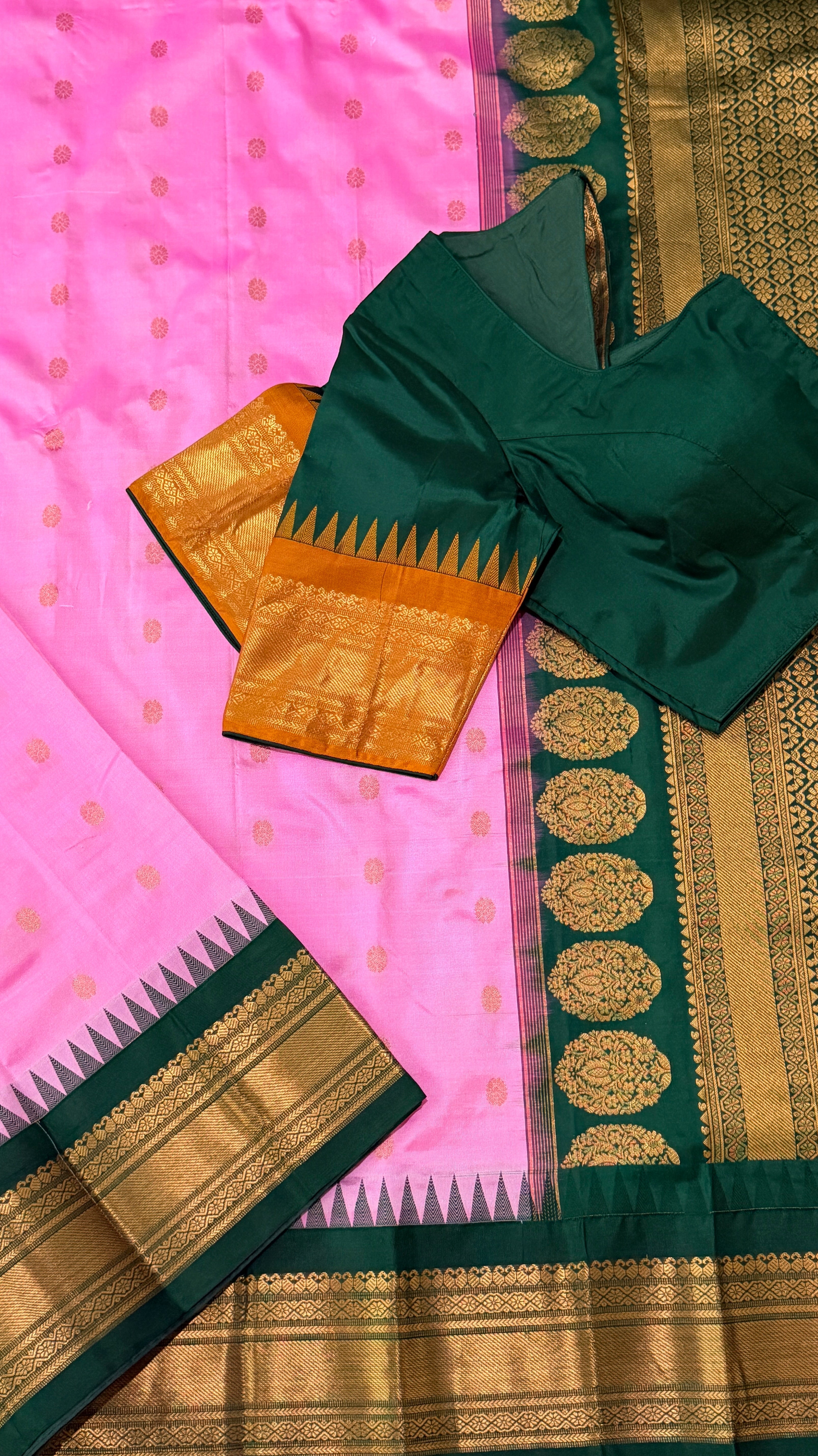 Pink & Bottle Green Kanchipuram Silk Saree
