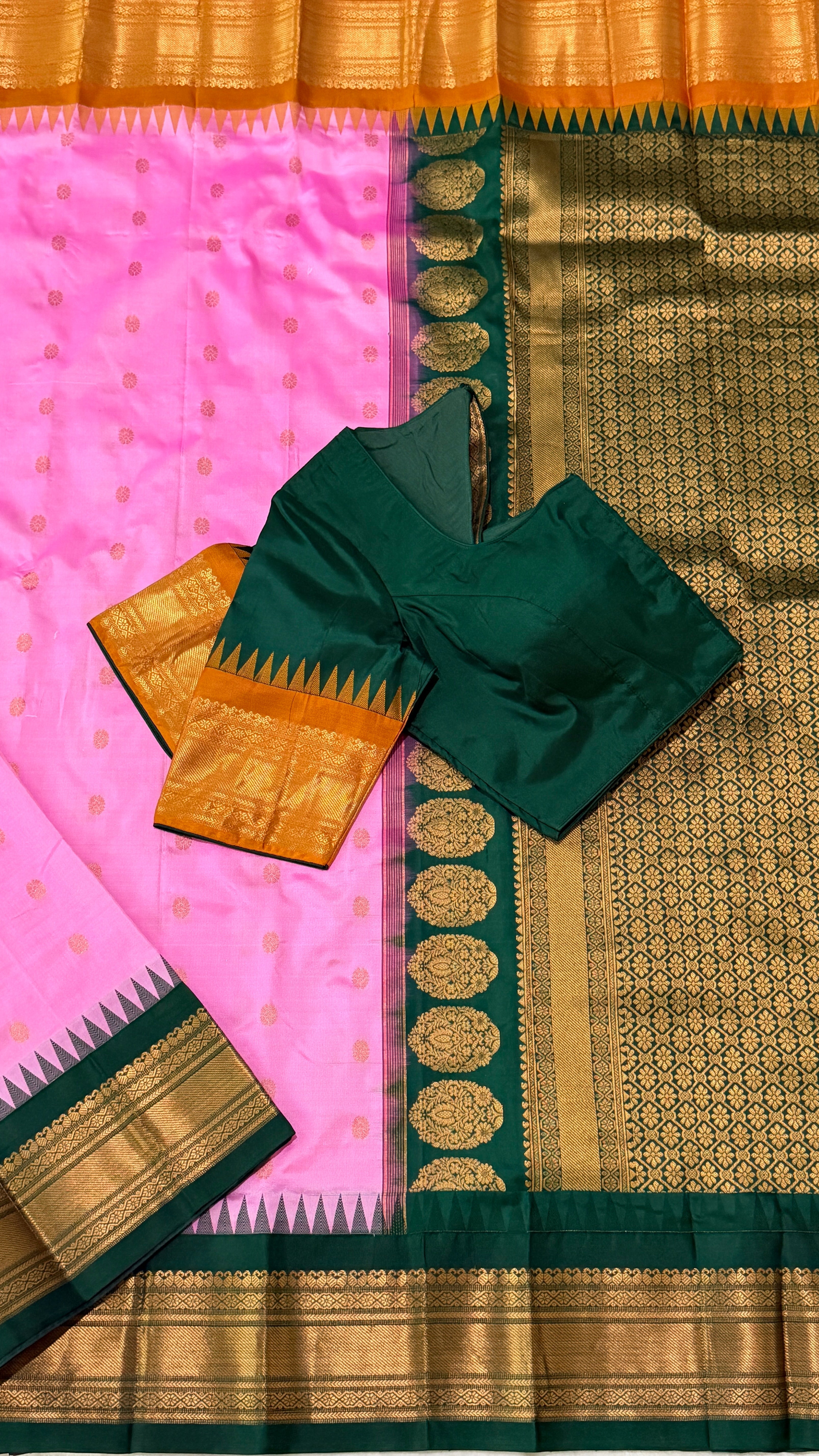 Pink & Bottle Green Kanchipuram Silk Saree