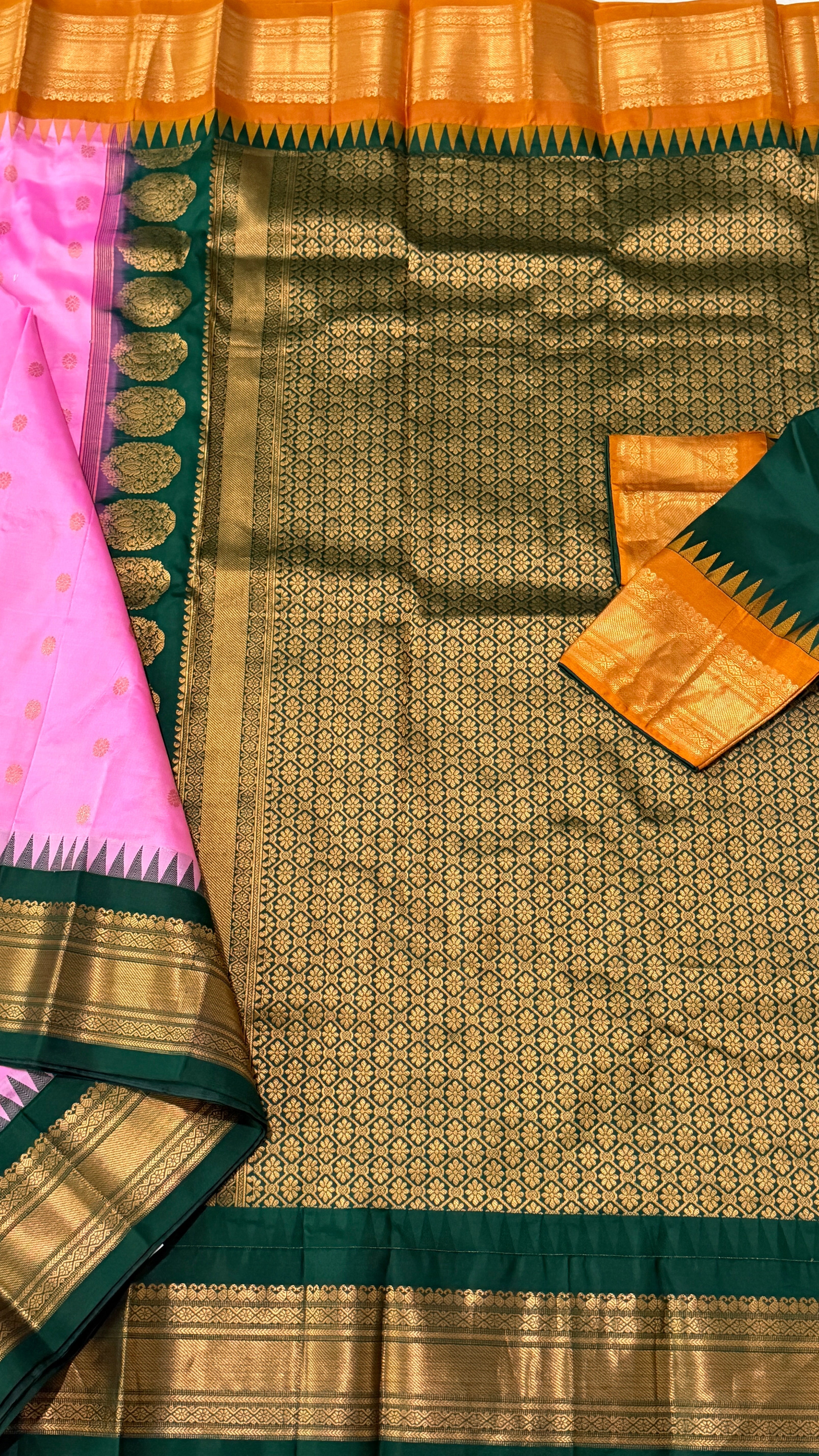 Pink & Bottle Green Kanchipuram Silk Saree