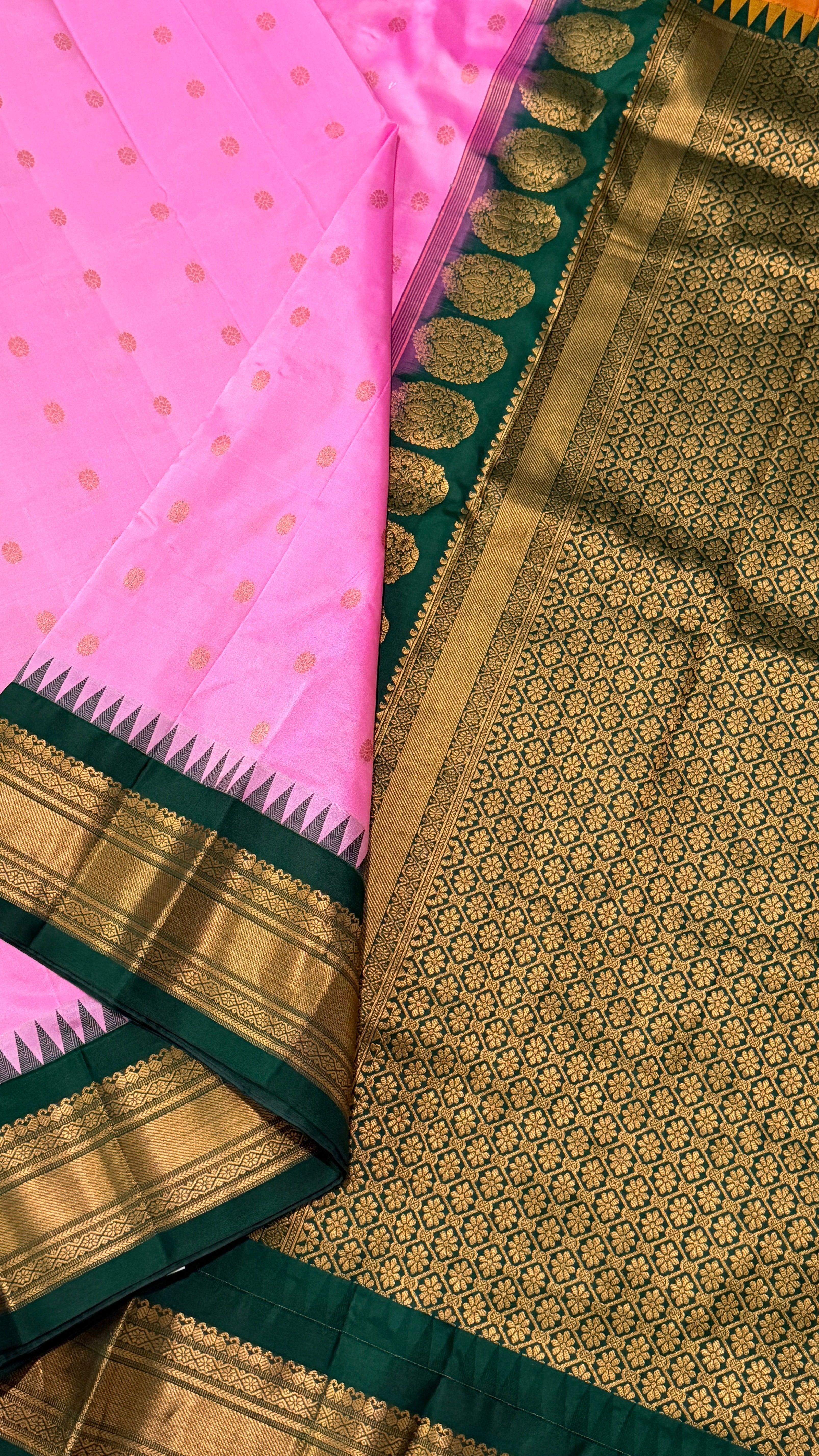 Pink & Bottle Green Kanchipuram Silk Saree