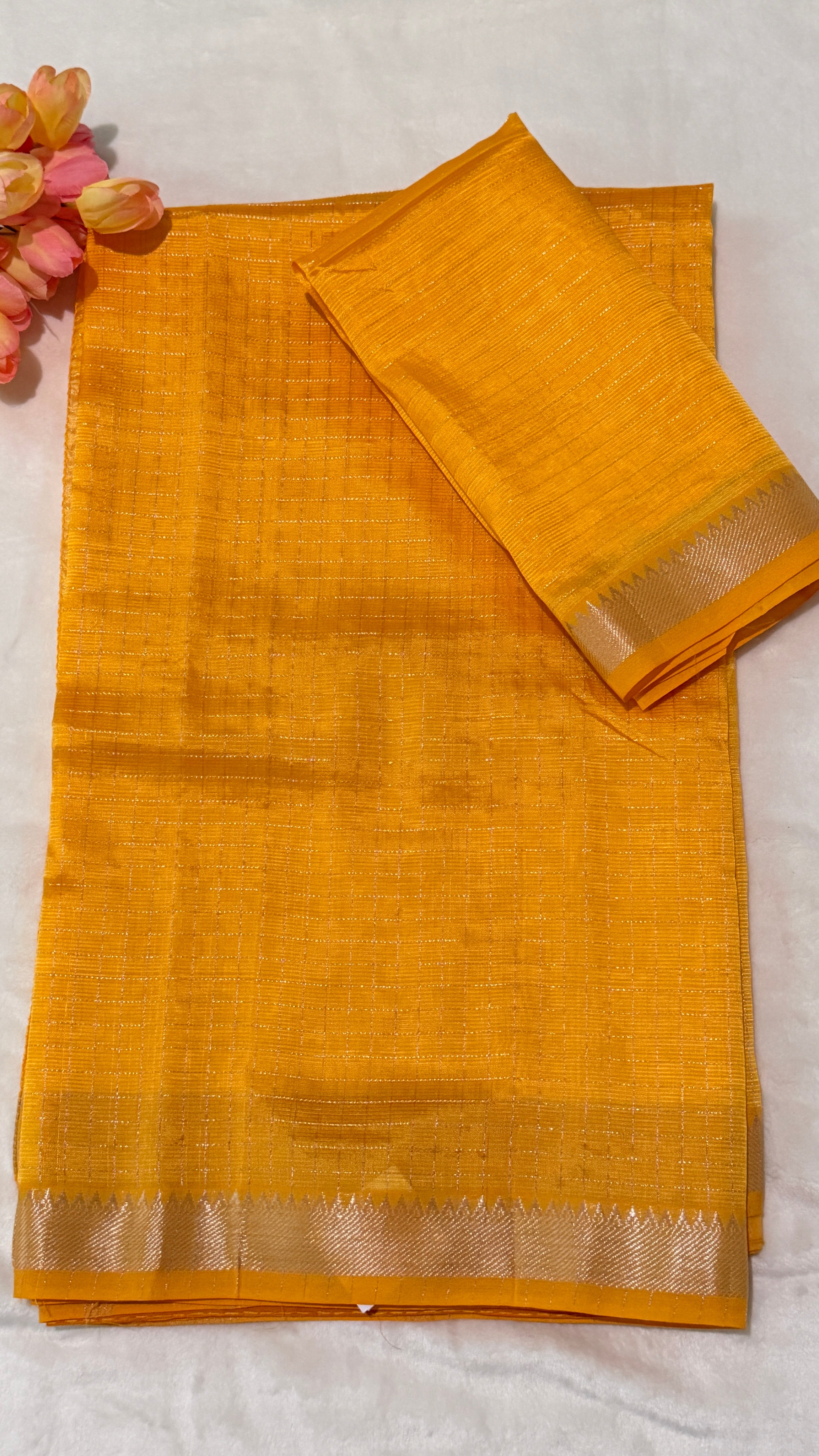 Mustard Checks Mangalagiri Silk Saree