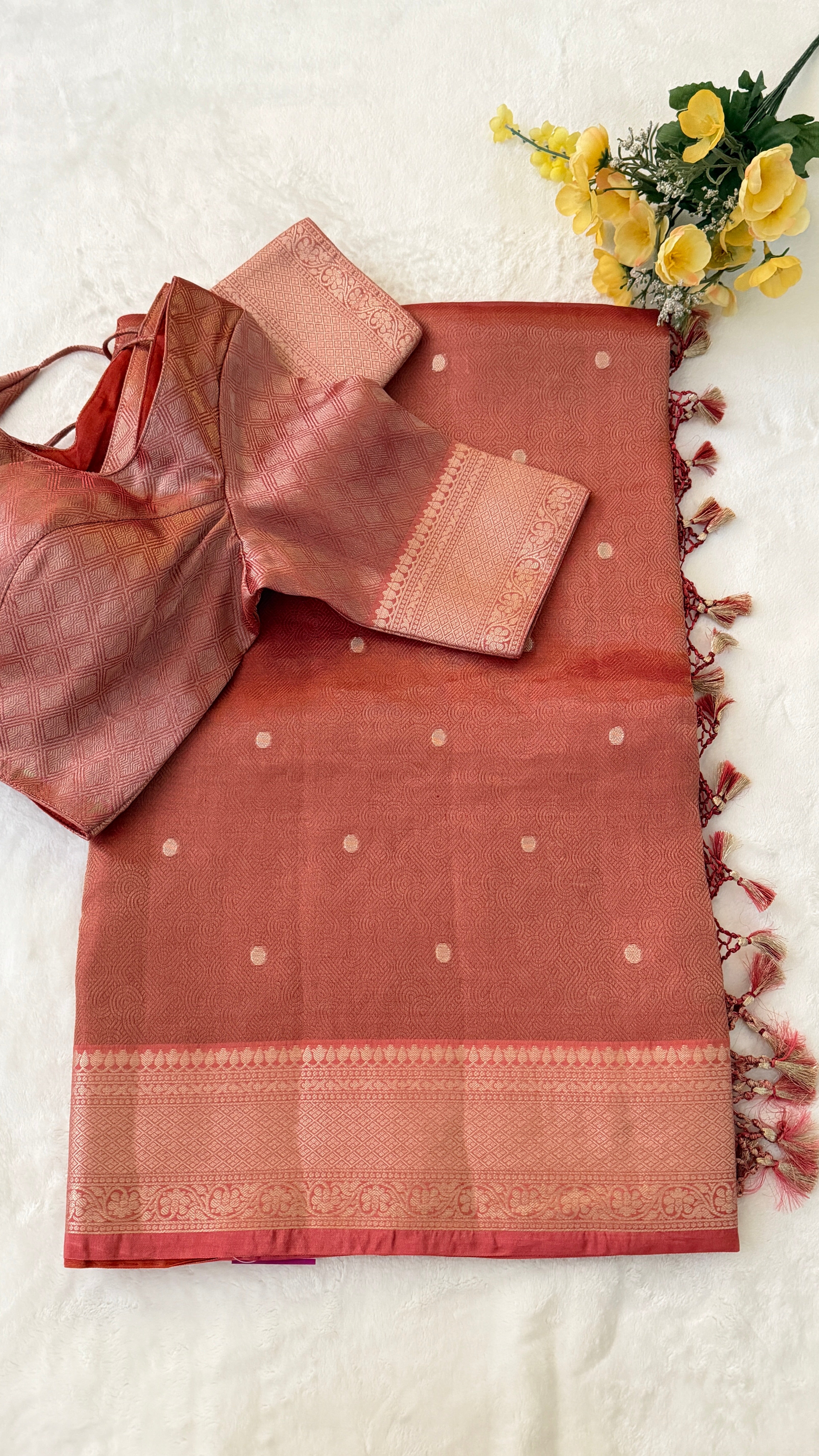 Rust Polka Tissue Silk Saree