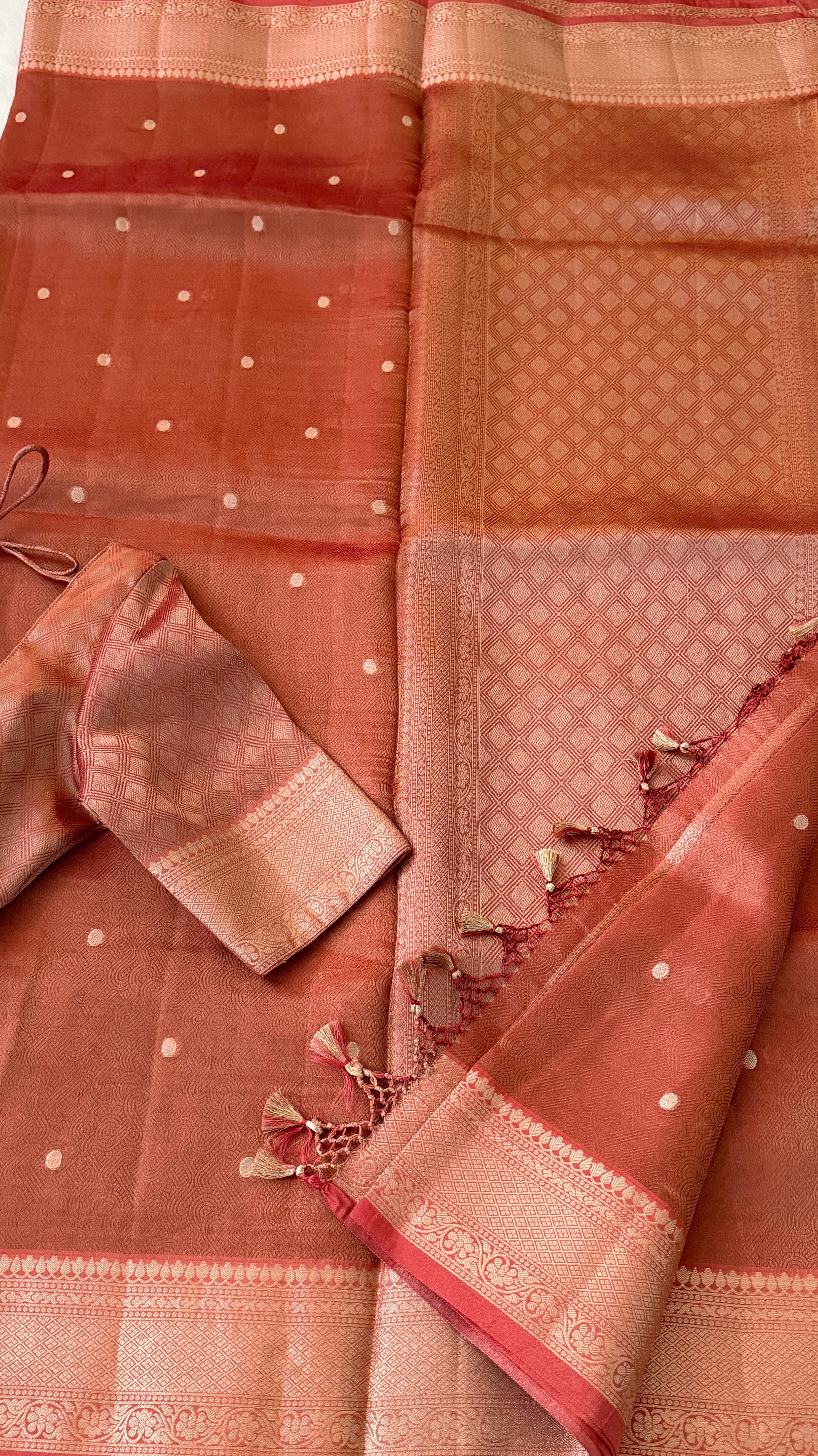 Rust Polka Tissue Silk Saree