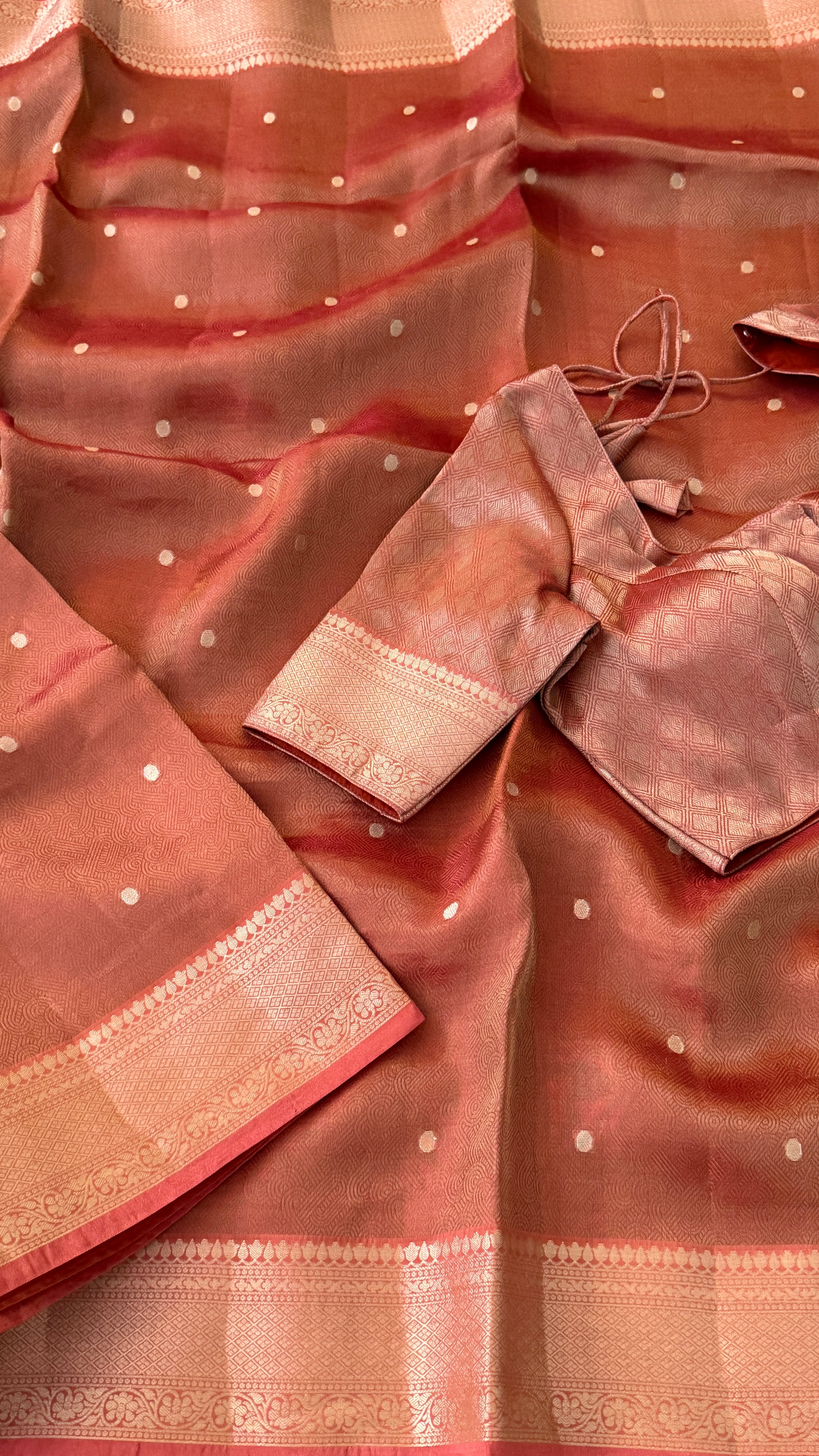 Rust Polka Tissue Silk Saree