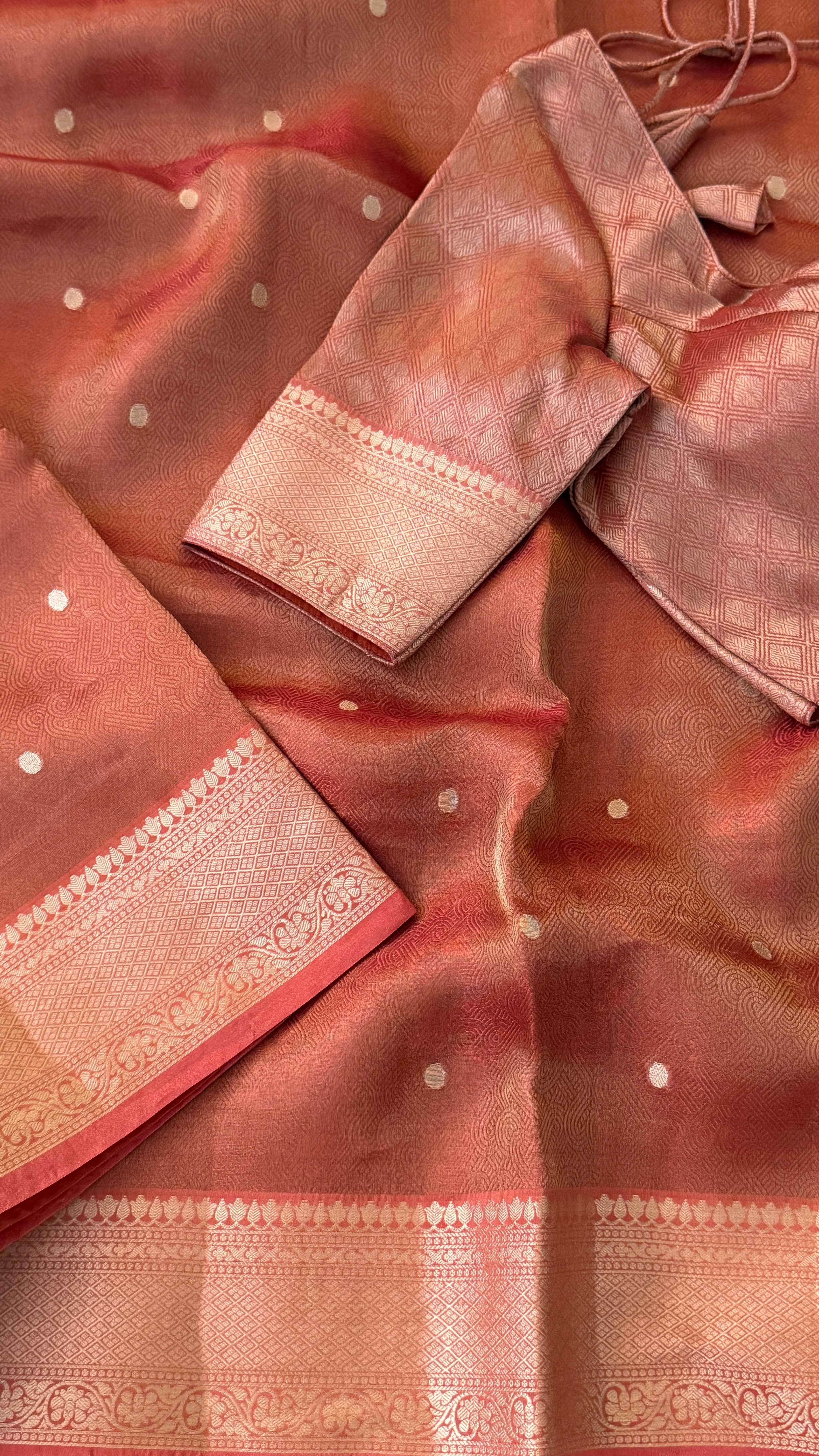Rust Polka Tissue Silk Saree