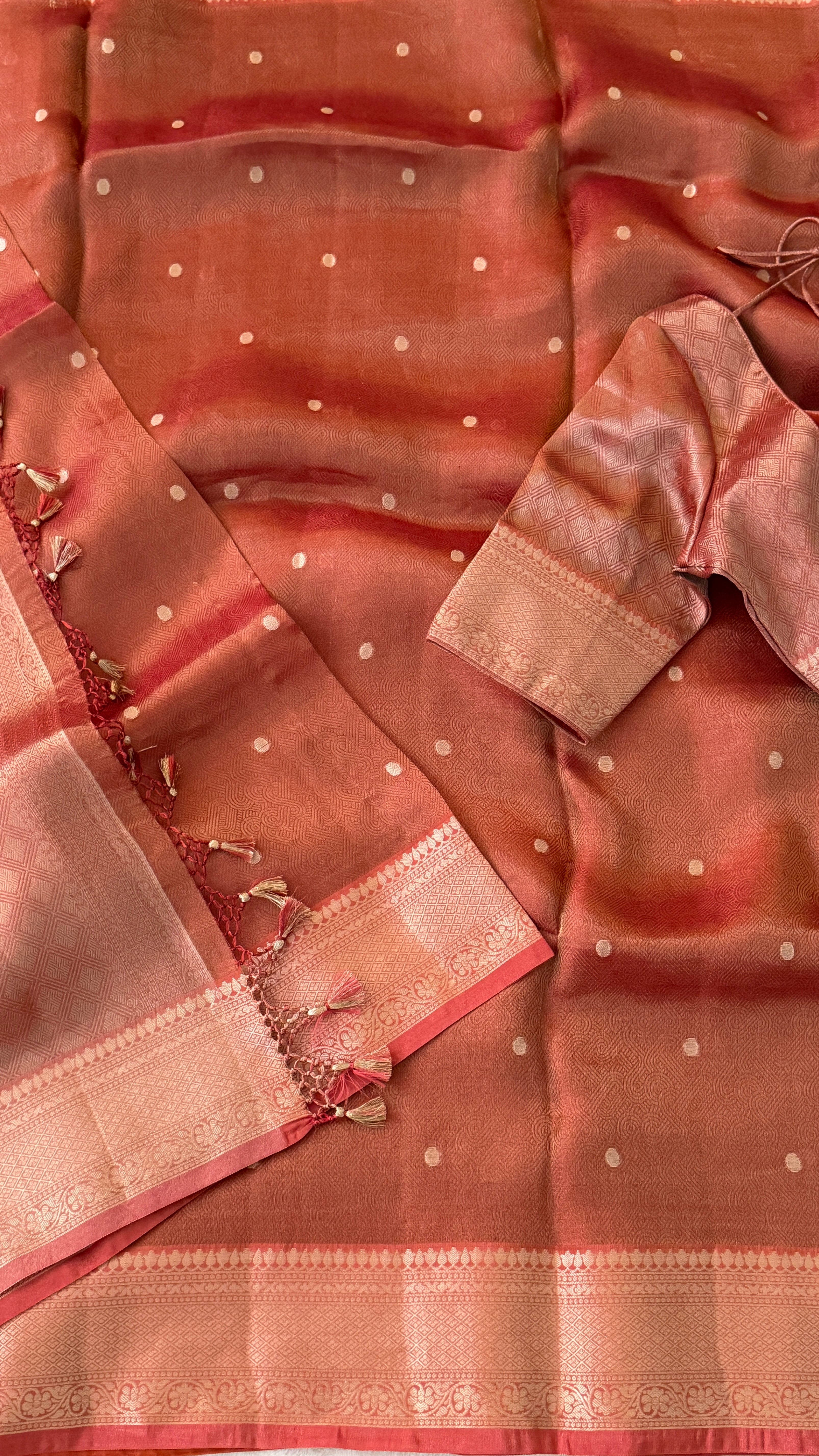 Rust Polka Tissue Silk Saree