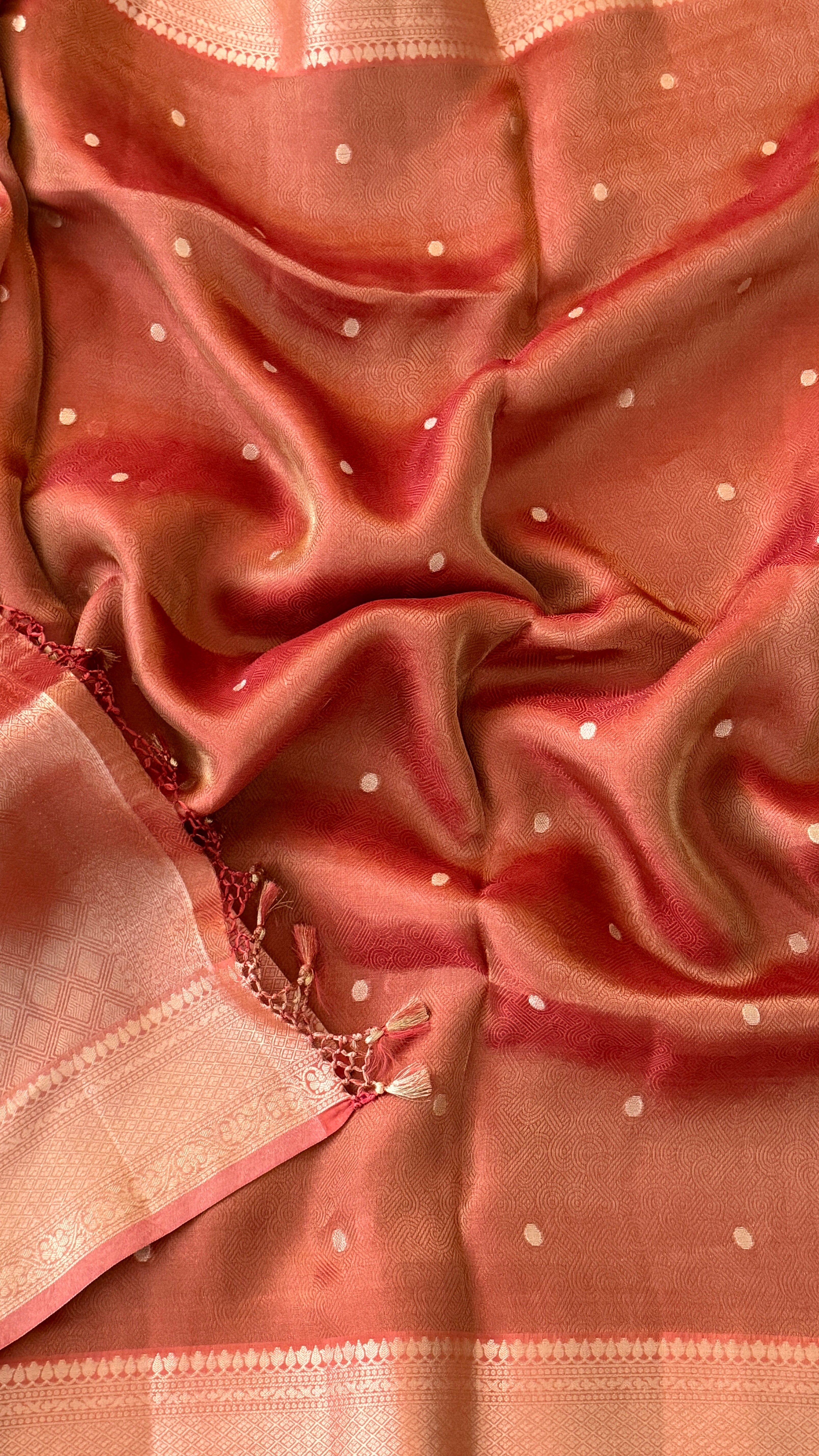 Rust Polka Tissue Silk Saree
