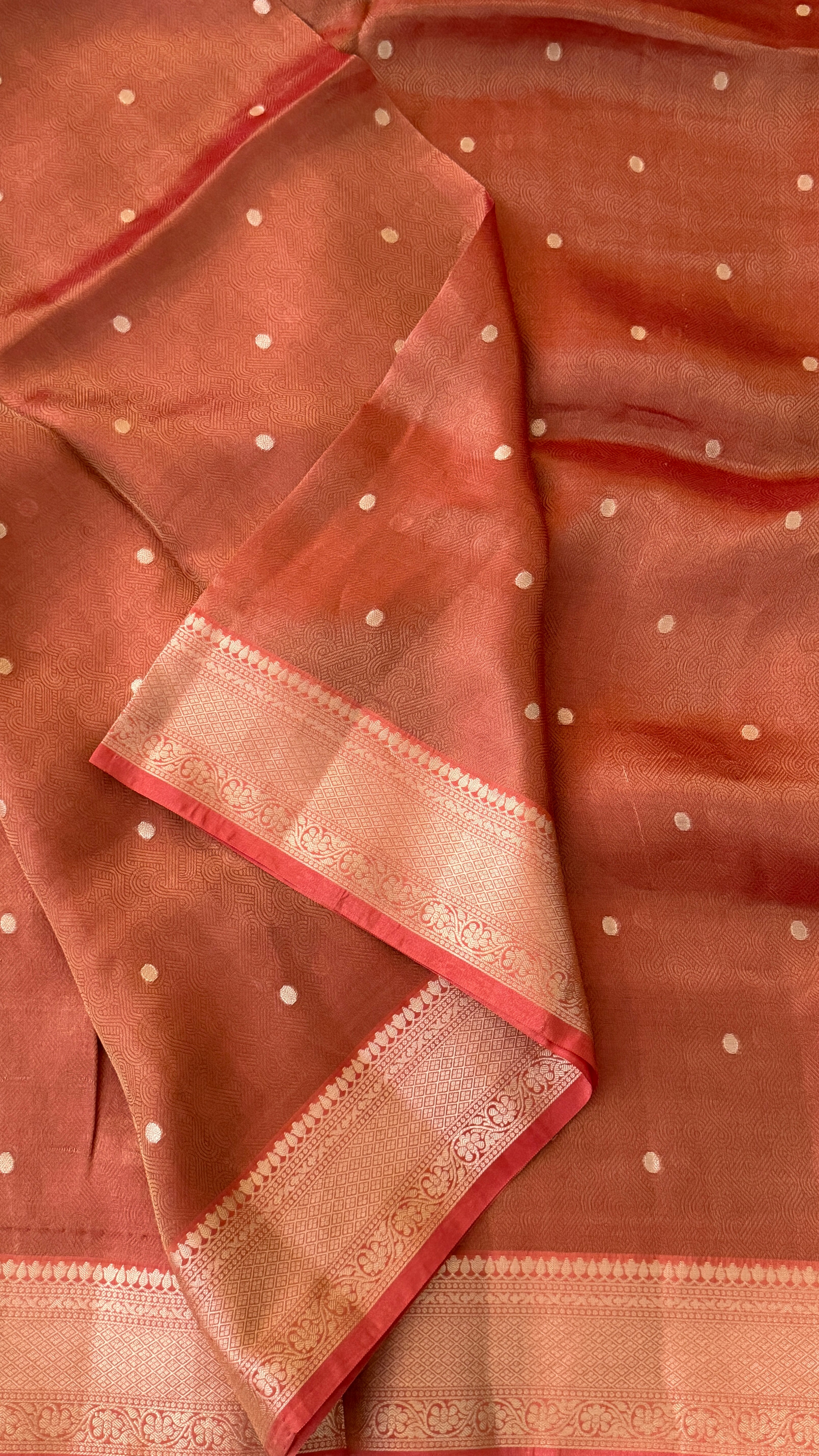 Rust Polka Tissue Silk Saree