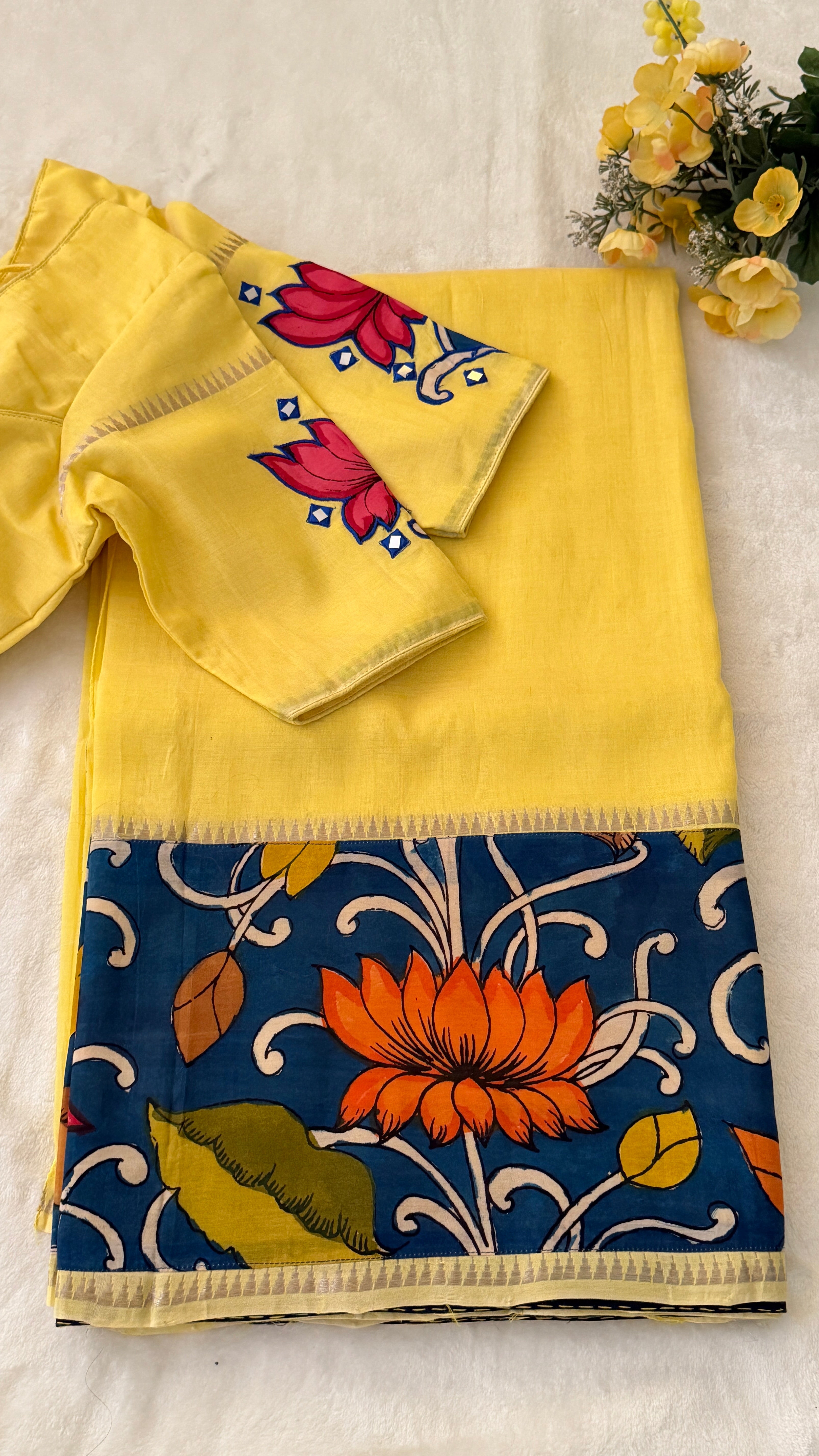 Yellow Kalamkari Mangalagiri Silk Saree