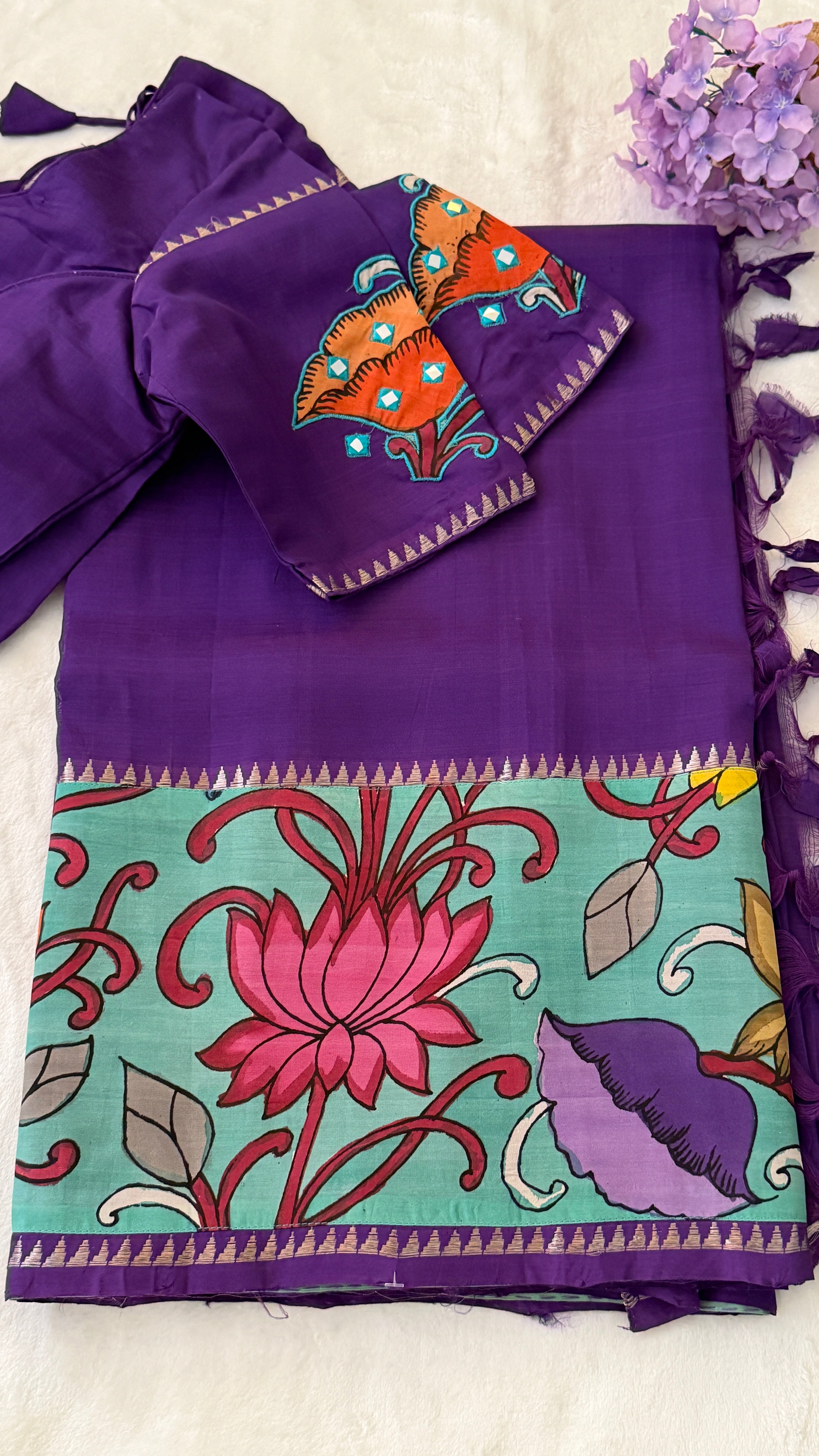 Purple Kalamkari Mangalagiri Silk Saree